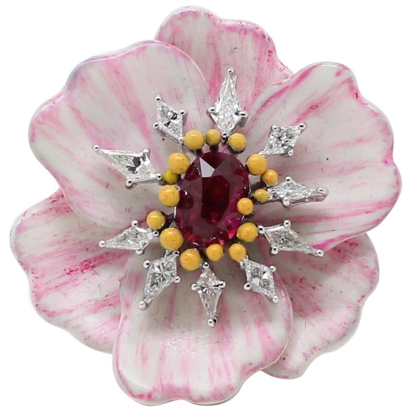 1.36 Carat Ruby with White Kyte Diamonds Hand Painted Anemone Cocktail Ring For Sale