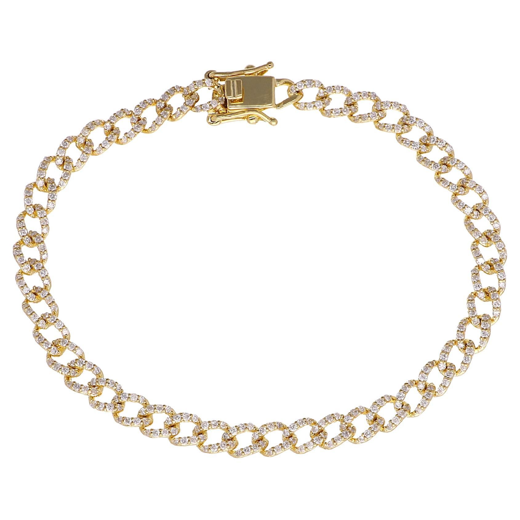 Bracelet à chaîne cubain en or jaune 10 carats avec diamants de 1,36 carat de pureté SI