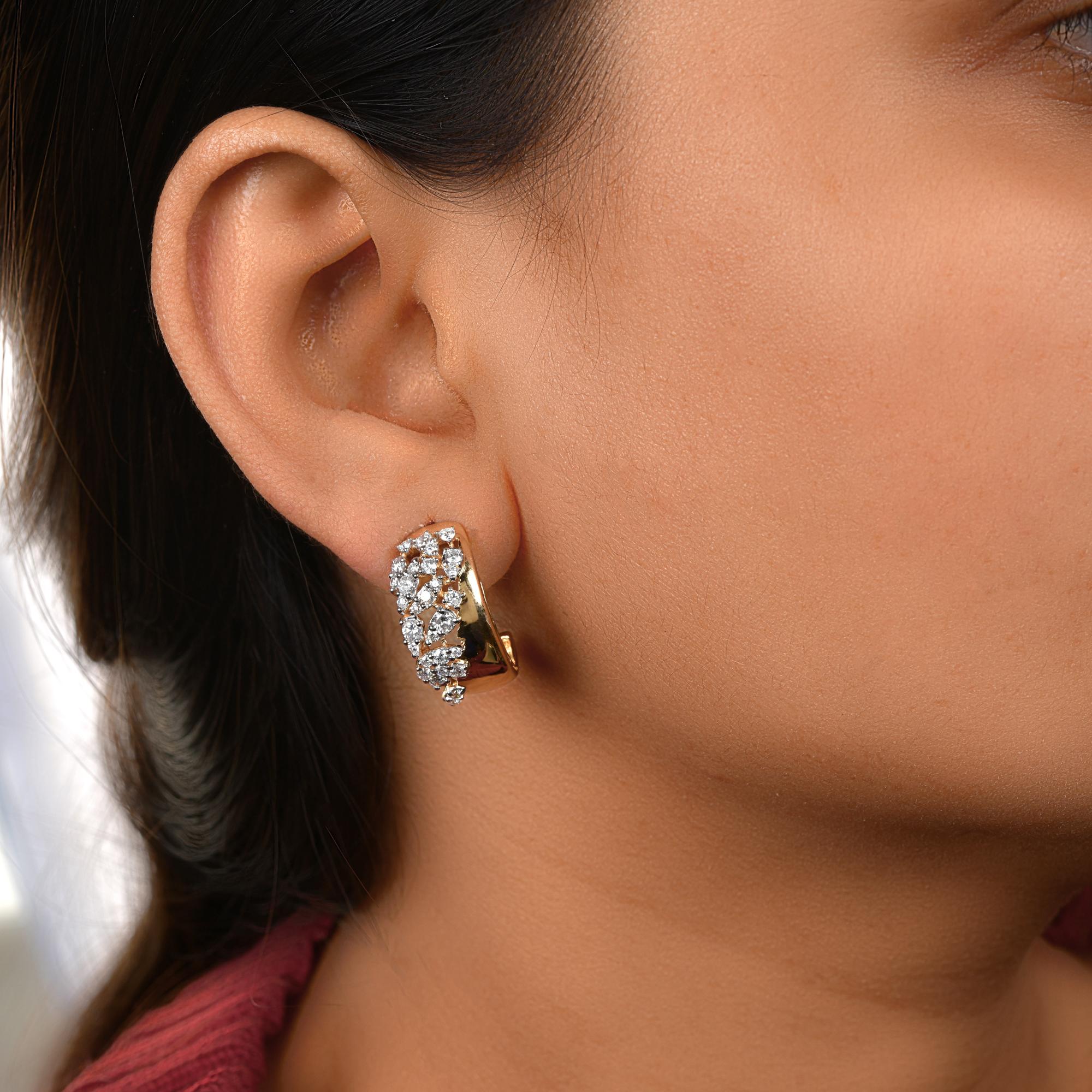 Modern 1.36 Carat SI/H Round Brilliant Cut Diamond Hoop Earrings 18 Karat Yellow Gold For Sale