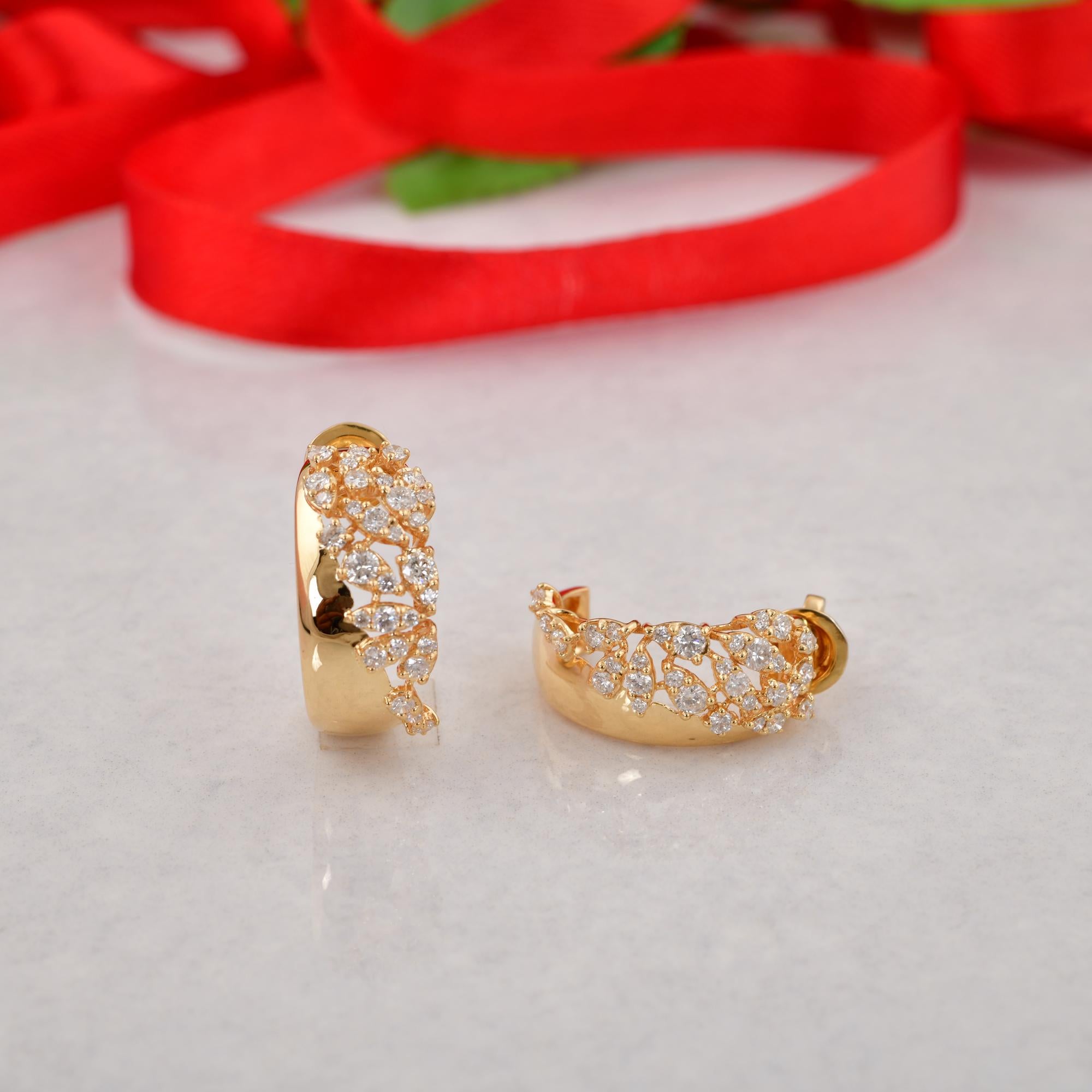 Round Cut 1.36 Carat SI/H Round Brilliant Cut Diamond Hoop Earrings 18 Karat Yellow Gold For Sale