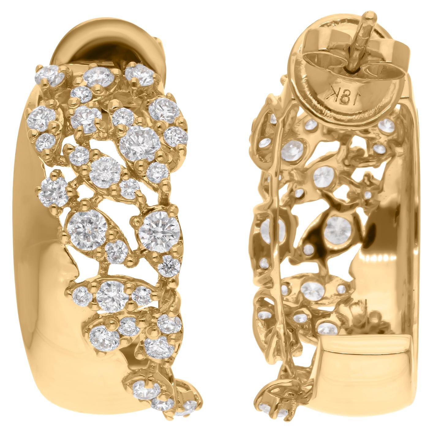 Pendientes de aro de diamantes talla brillante redonda SI/H de 1,36 quilates y oro amarillo de 18 quilates en venta