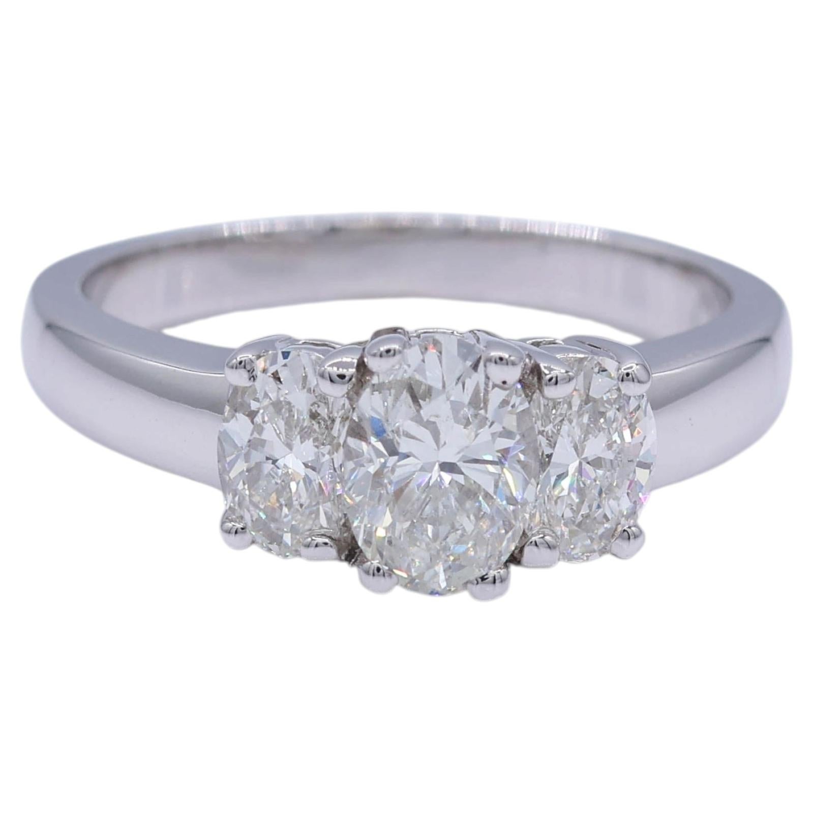 1.36 Carat Total Weight Oval Diamond Three Stone Ring in 18K White Gold Abe Mor