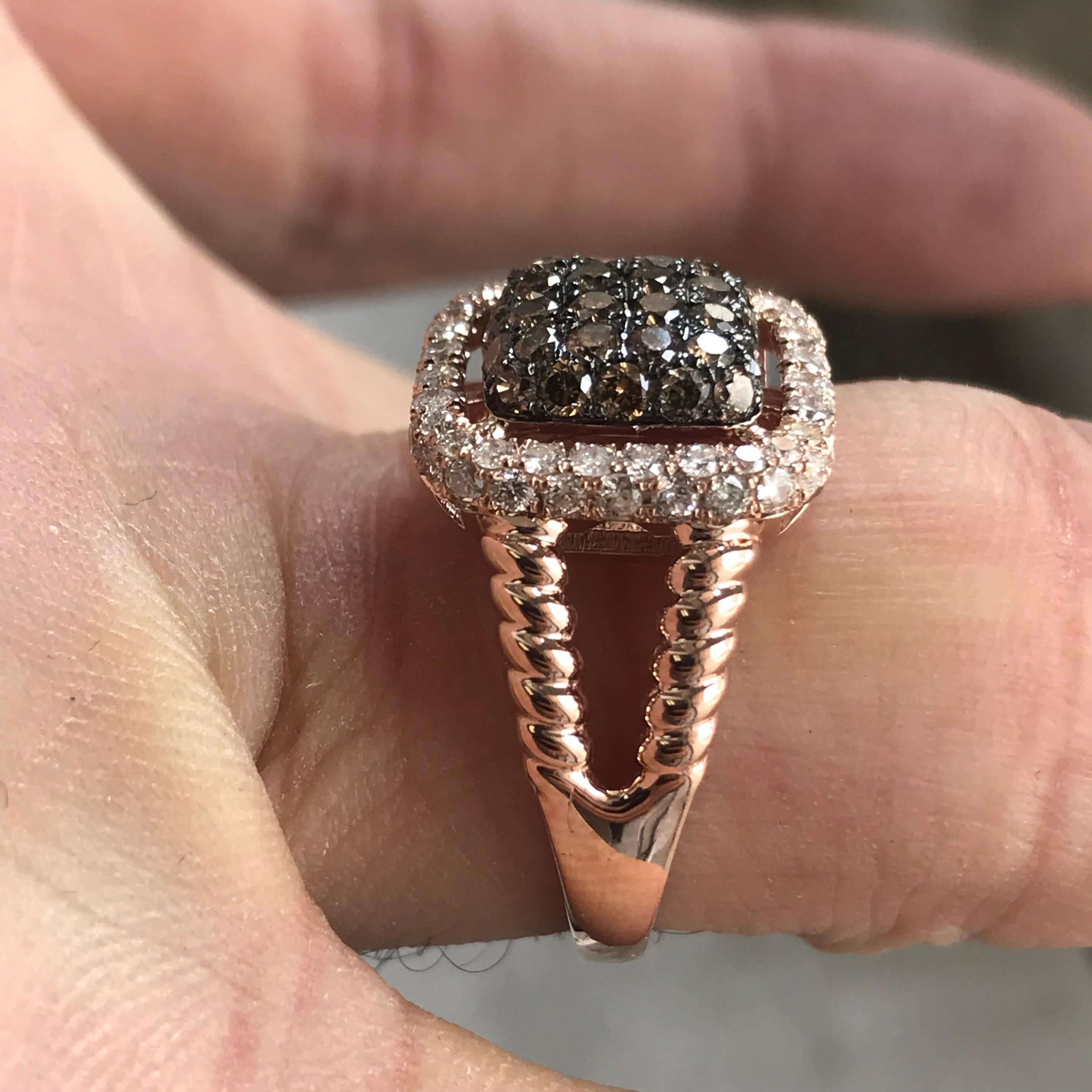 1.36 Carat TW Chocolate and White Diamond Split Shank Ring 14 Karat, Ben Dannie In New Condition For Sale In West Hollywood, CA