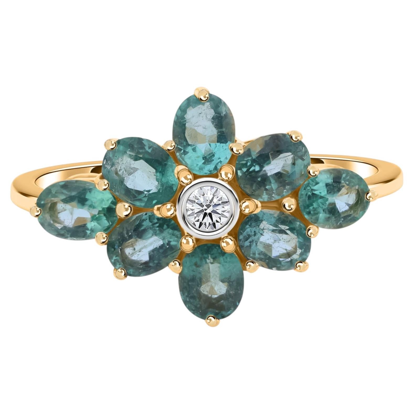1,36 Karat sambischer Smaragd 0,04 Karat SI/H Diamantring 14 Karat Gelbgold