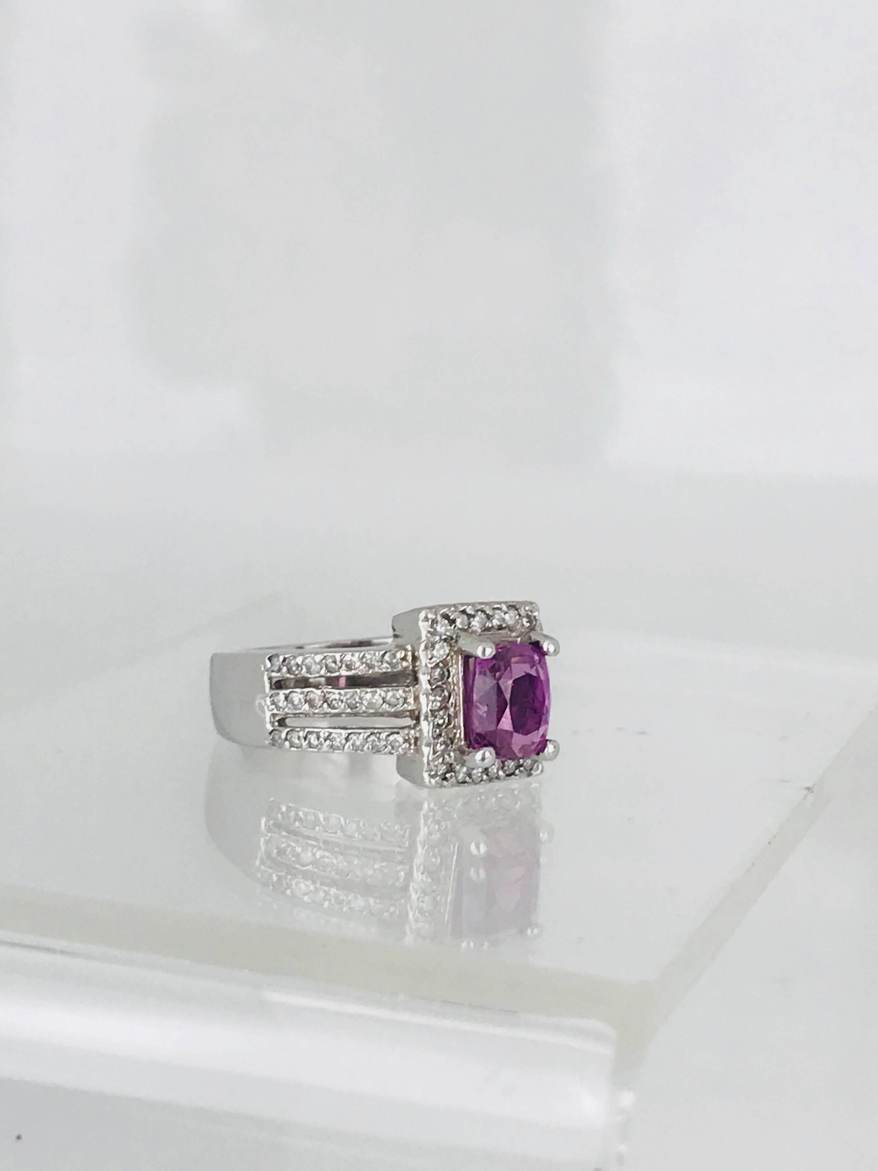 Women's 1.36 Carat, Cushion Cut, Pink Sapphire and Diamond Halo 14 Karat White Gold Ring For Sale