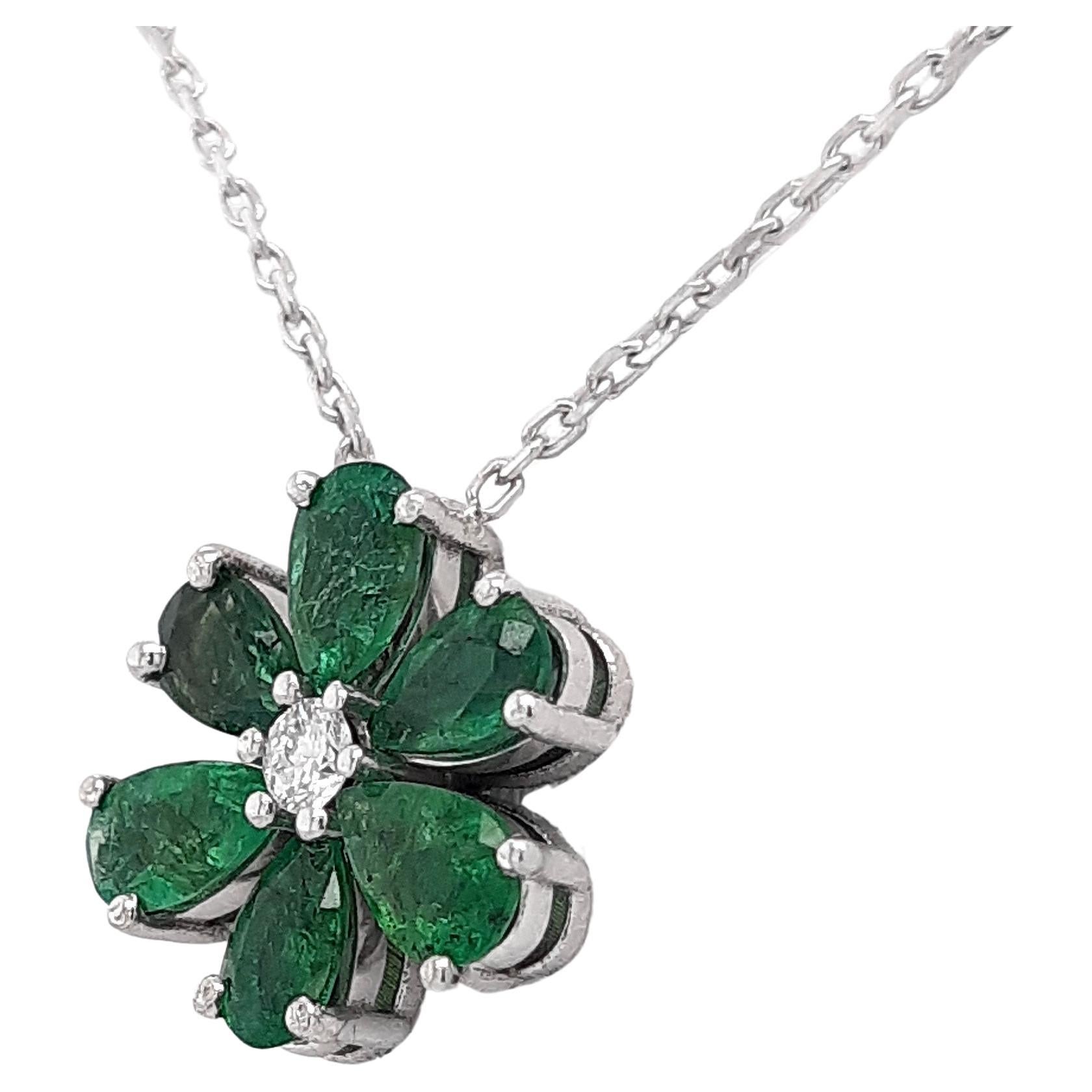 Pear Cut NO RESERVE PRICE  1.36ctw Emerald and Diamond 14k White Gold Flower Pendant 
