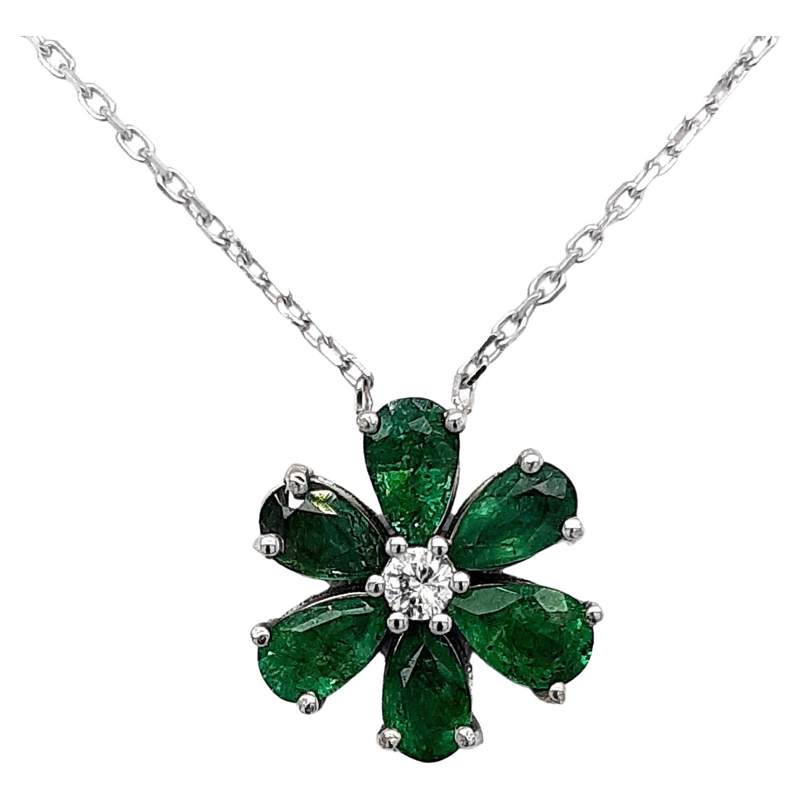 NO RESERVE PRICE  1.36ctw Emerald and Diamond 14k White Gold Flower Pendant 