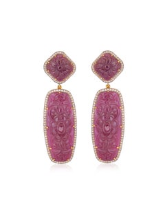 136 Carats Natural Haand Carved Ruby Dangling Earrings with Diamonds in Gold