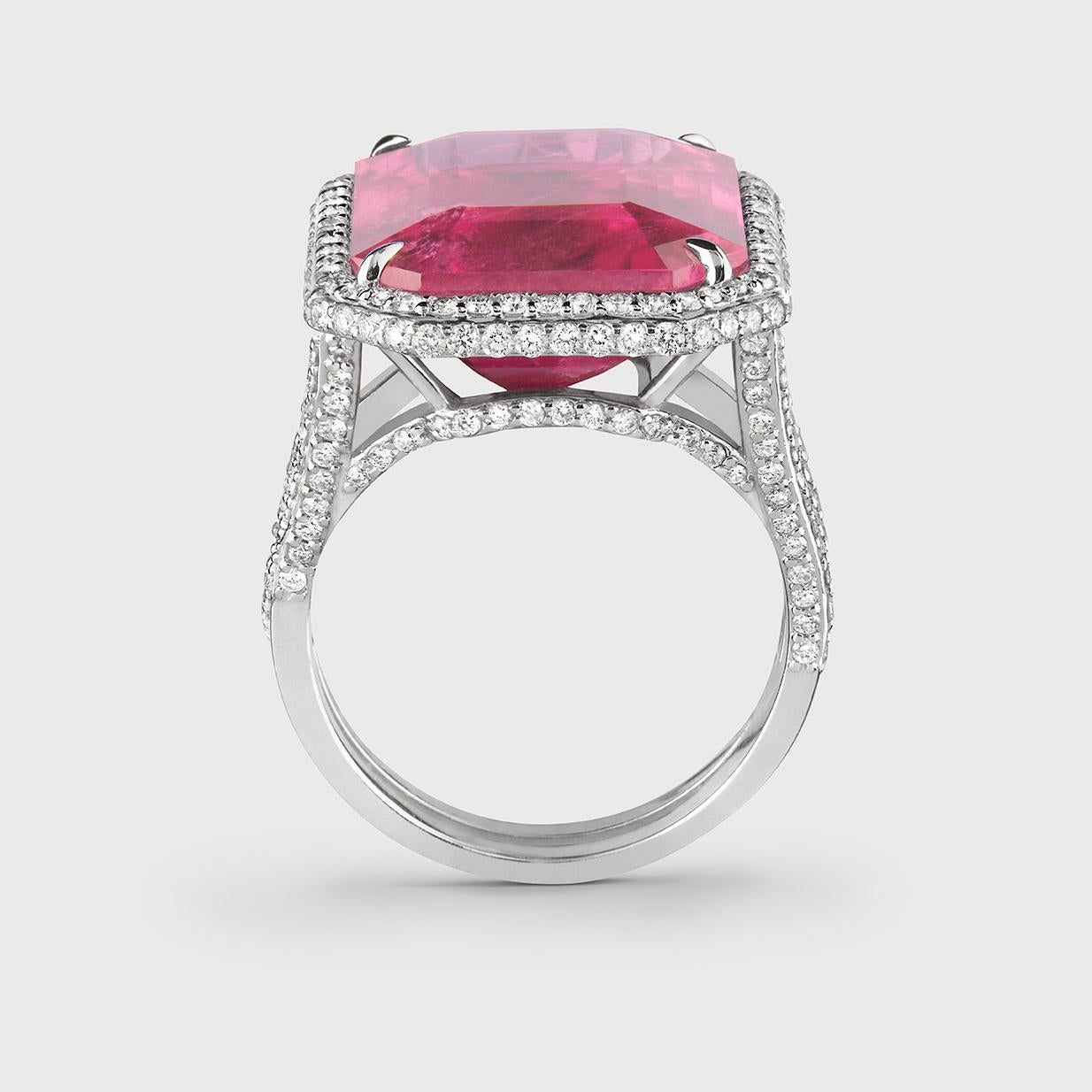 Emerald Cut 13.6 Carats Rubellite and Diamond Cocktail Ring Handcrafted in 18k White Gold For Sale