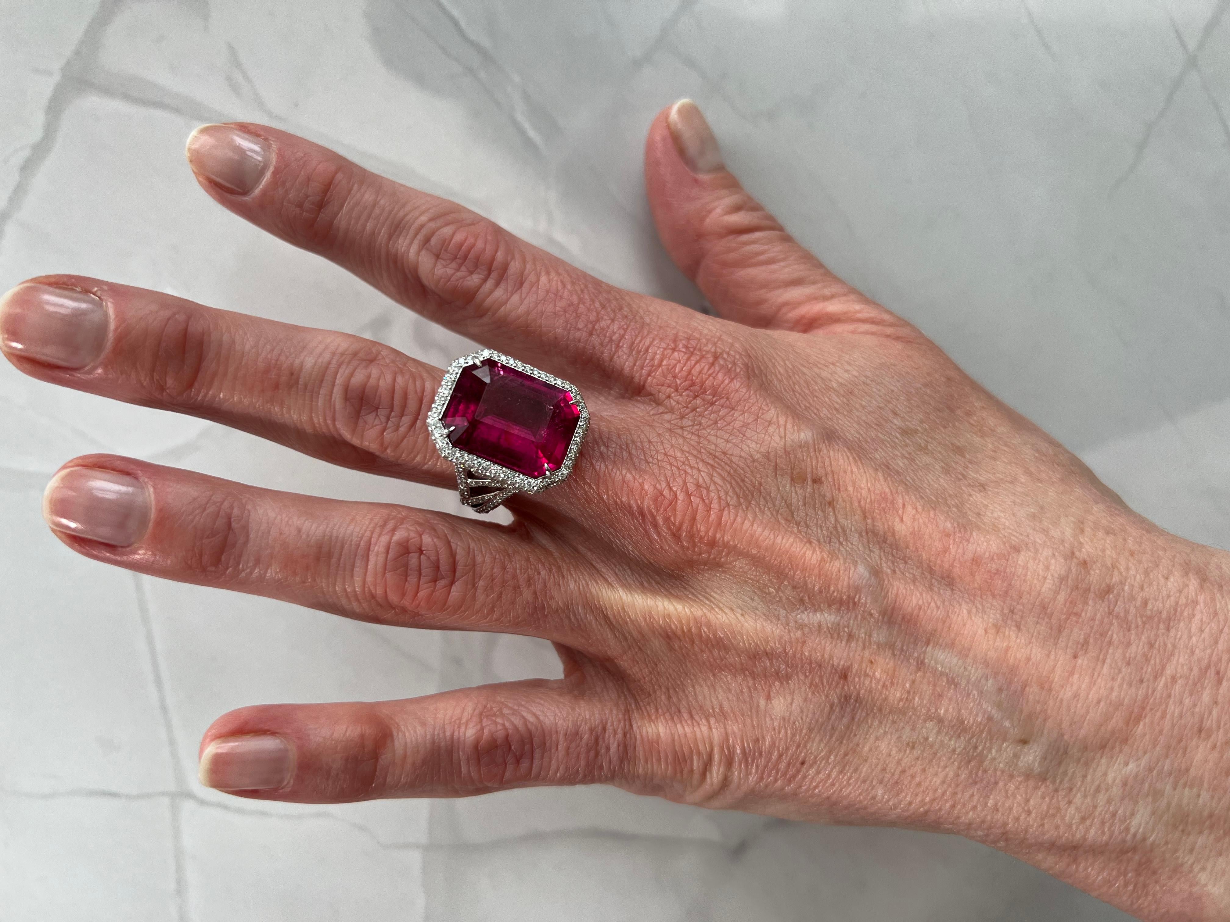 Art Deco 13.6 Carats Rubellite and Diamond Cocktail Ring Handcrafted in 18k White Gold For Sale