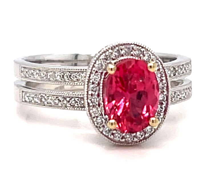 1.36 Carat Pink Spinel and Diamond Halo Engagement Ring in 18k White Gold  For Sale at 1stDibs