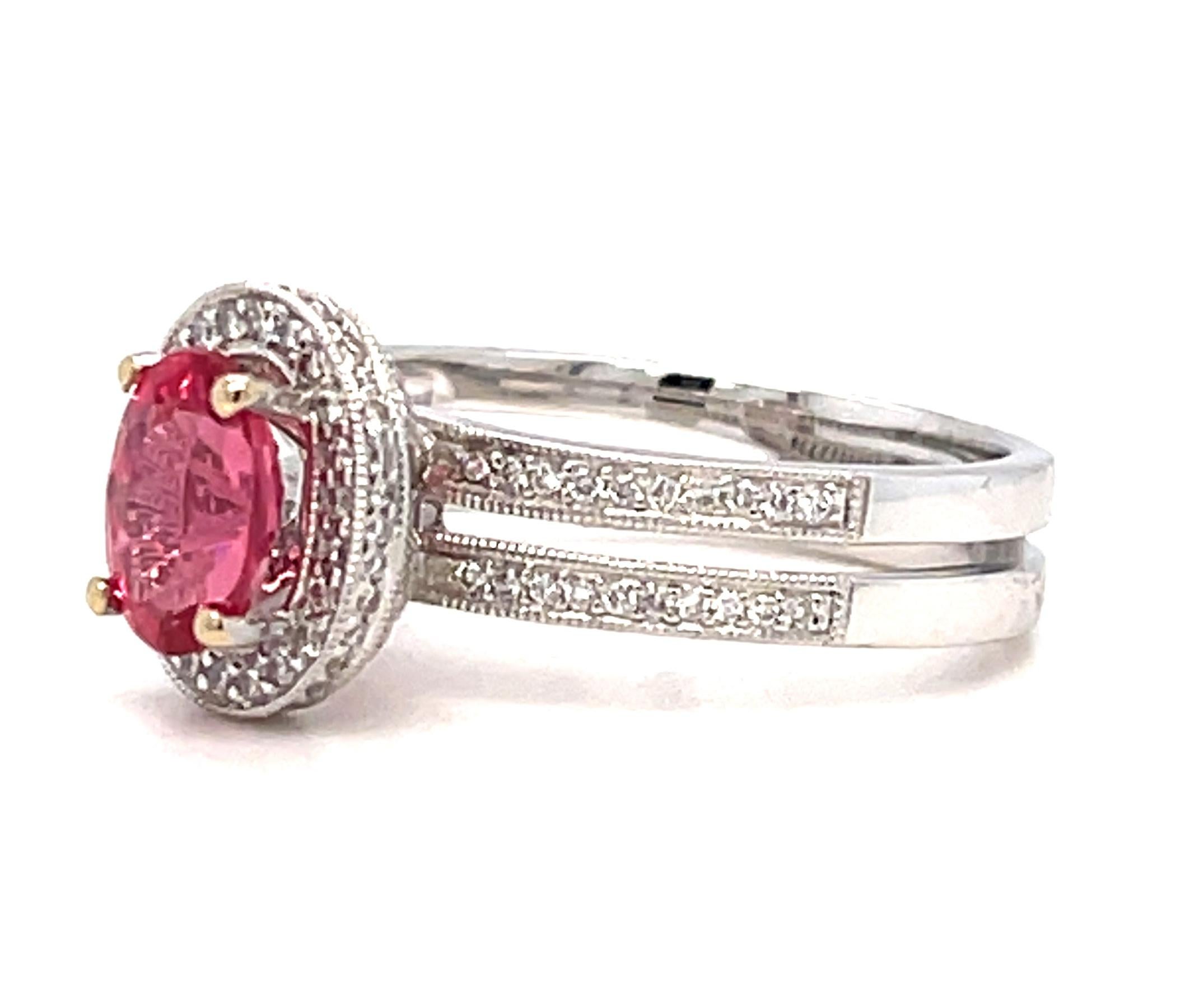 Artisan 1.36 Carat Pink Spinel and Diamond Halo Engagement Ring in 18k White Gold For Sale