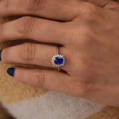 1.36Ct Natural Blue Sapphire Diamond Halo 14K White Gold Engagement Ring