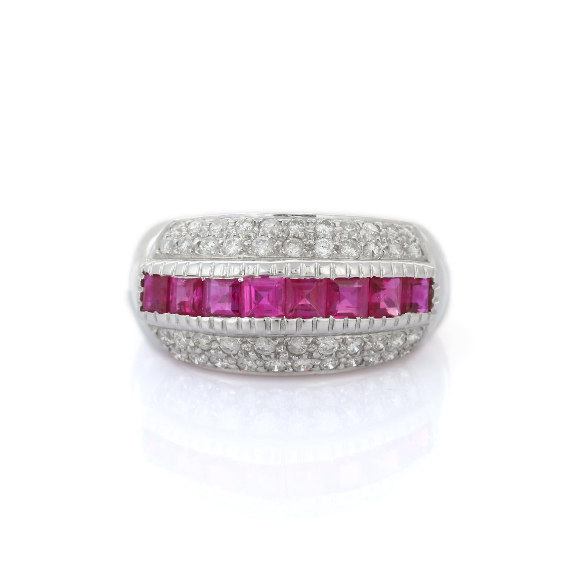 For Sale:  Unisex Ruby Diamond Wedding Dome Ring in 18k Solid White Gold 2