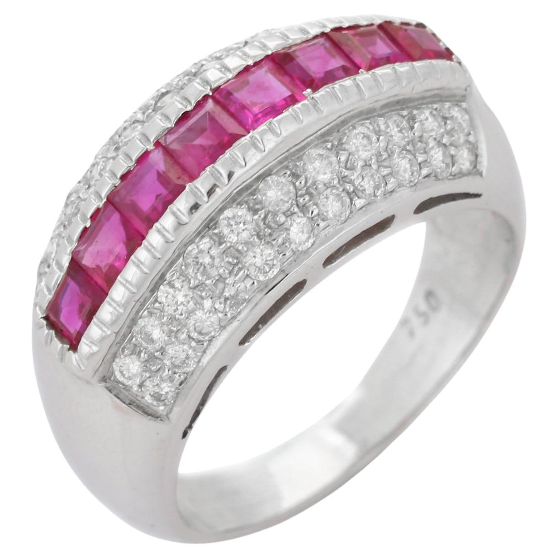 Unisex Ruby Diamond Wedding Dome Ring in 18k Solid White Gold