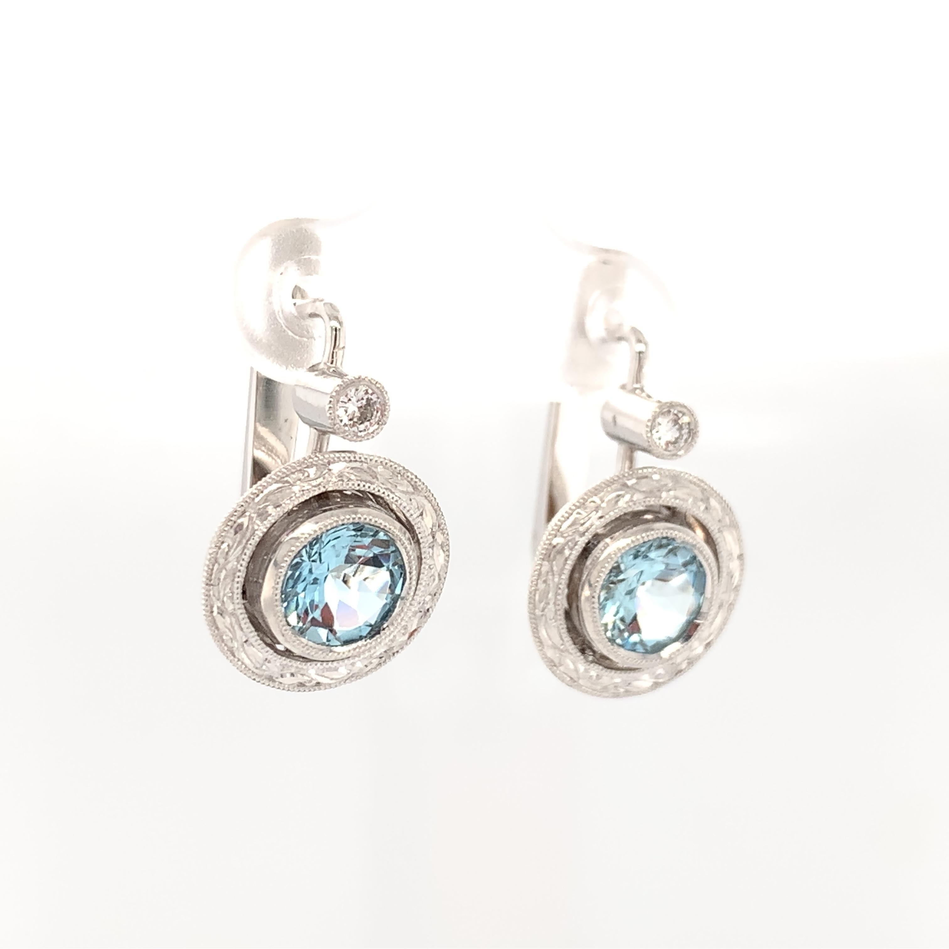 Artisan 1.36 ct. t.w. Round Aquamarine, Diamond, White Gold Lever Back Engraved Earrings