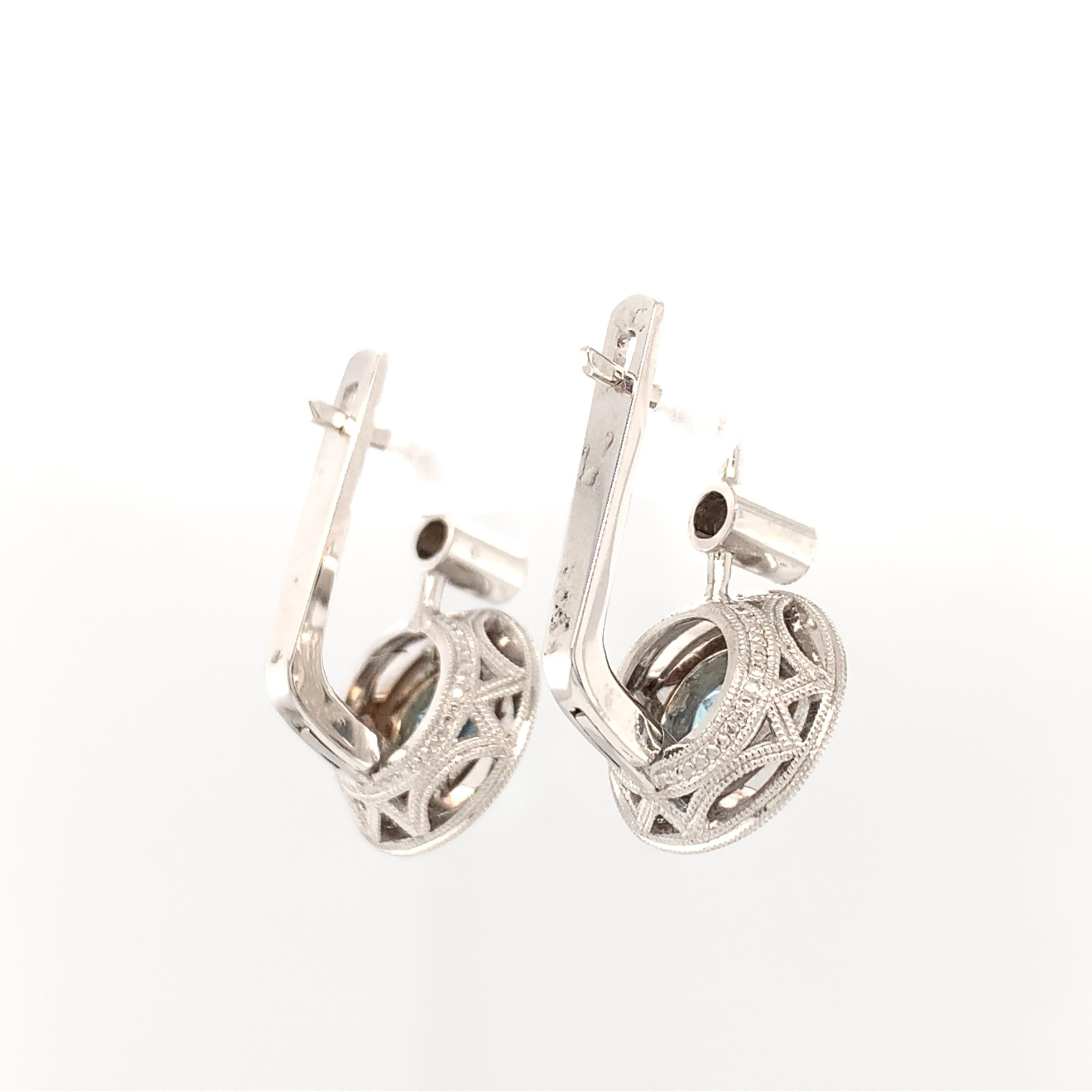 Women's 1.36 ct. t.w. Round Aquamarine, Diamond, White Gold Lever Back Engraved Earrings