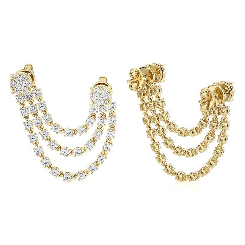 Moderne Pendants d'oreilles de style Gazebo en or jaune 18 carats avec triple ligne de diamants de 1,36 carat poids total en vente