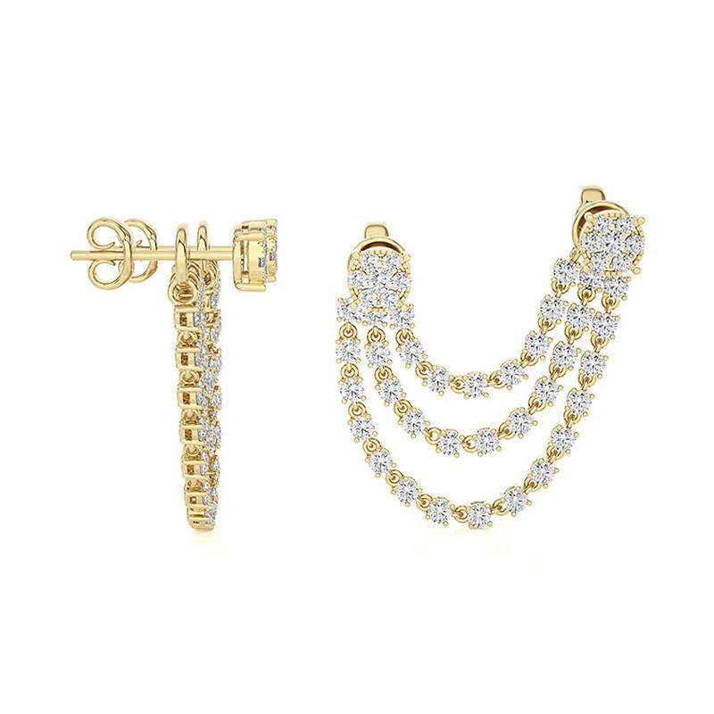 Taille ronde Pendants d'oreilles de style Gazebo en or jaune 18 carats avec triple ligne de diamants de 1,36 carat poids total en vente