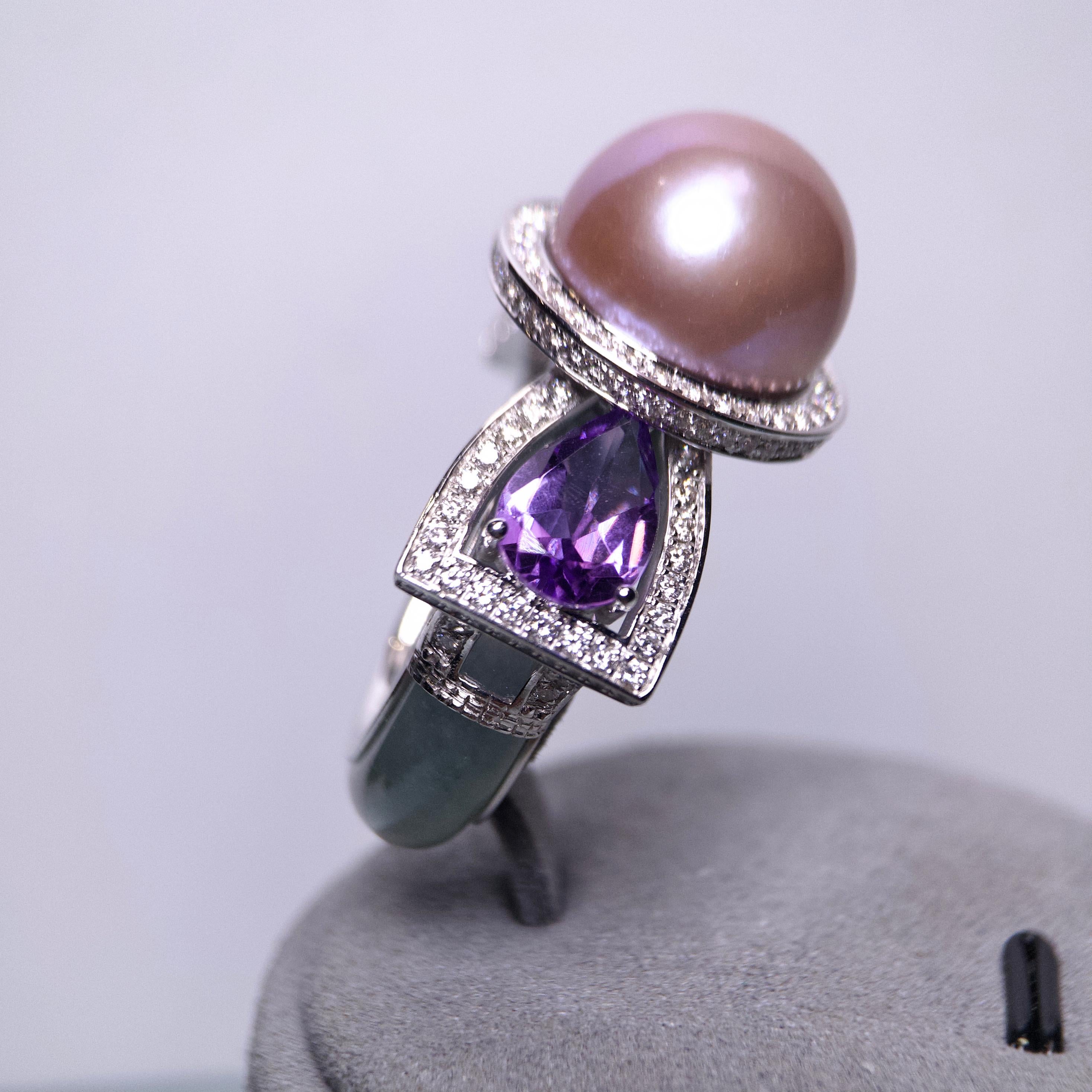 Contemporary Eostre Freshwater Pearl, Amethyst, Type A Jadeite and Diamond White Gold Ring  For Sale