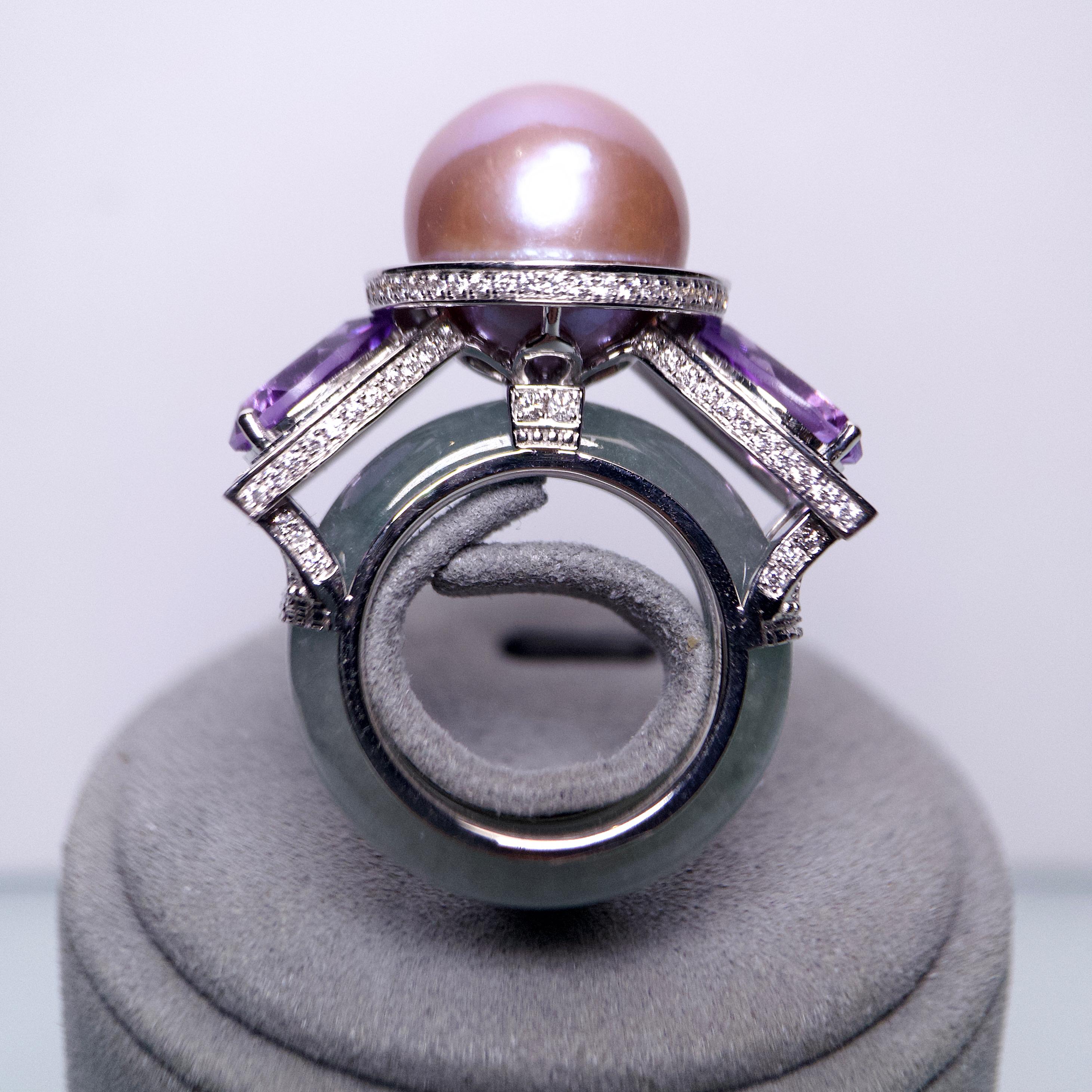 Bead Eostre Freshwater Pearl, Amethyst, Type A Jadeite and Diamond White Gold Ring  For Sale