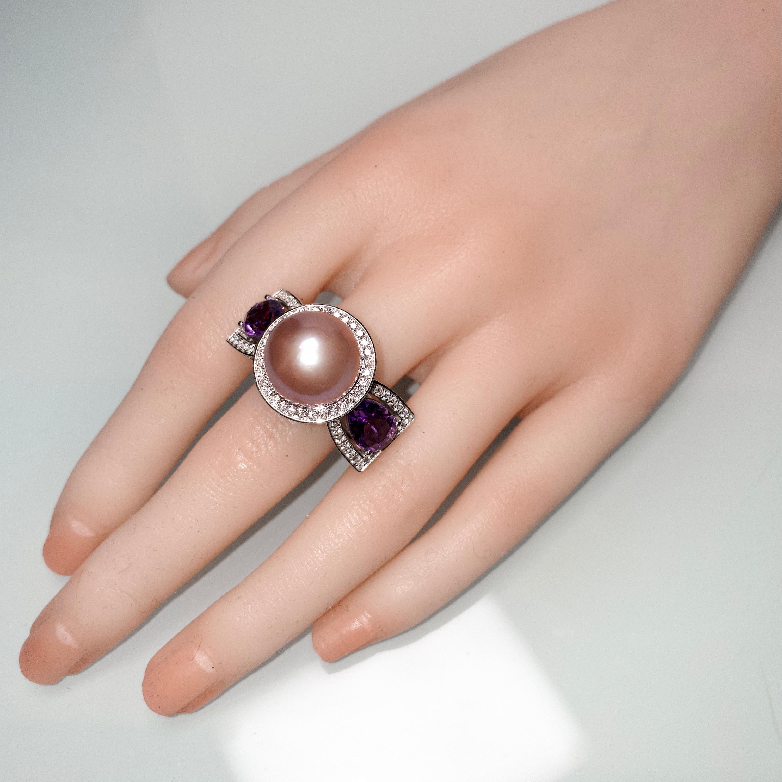 Eostre Freshwater Pearl, Amethyst, Type A Jadeite and Diamond White Gold Ring  In New Condition For Sale In Melbourne, AU