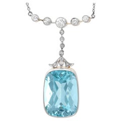13.60 Carat Aquamarine and 0.65 Carat Diamond 12k Yellow Gold Pendant Circa 1920