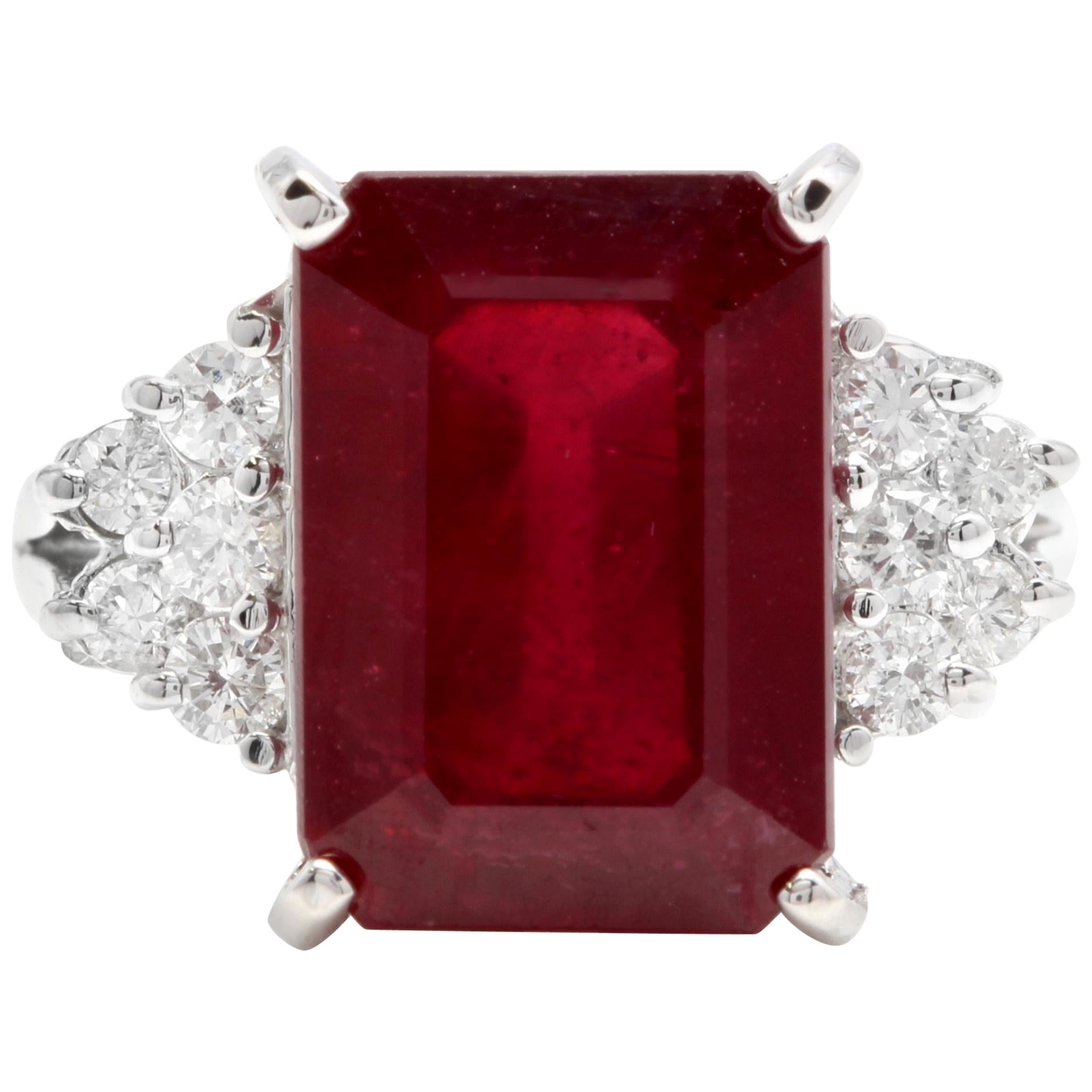 13,60 Karat beeindruckender natürlicher roter Rubin und Diamant 14 Karat Weißgold Ring