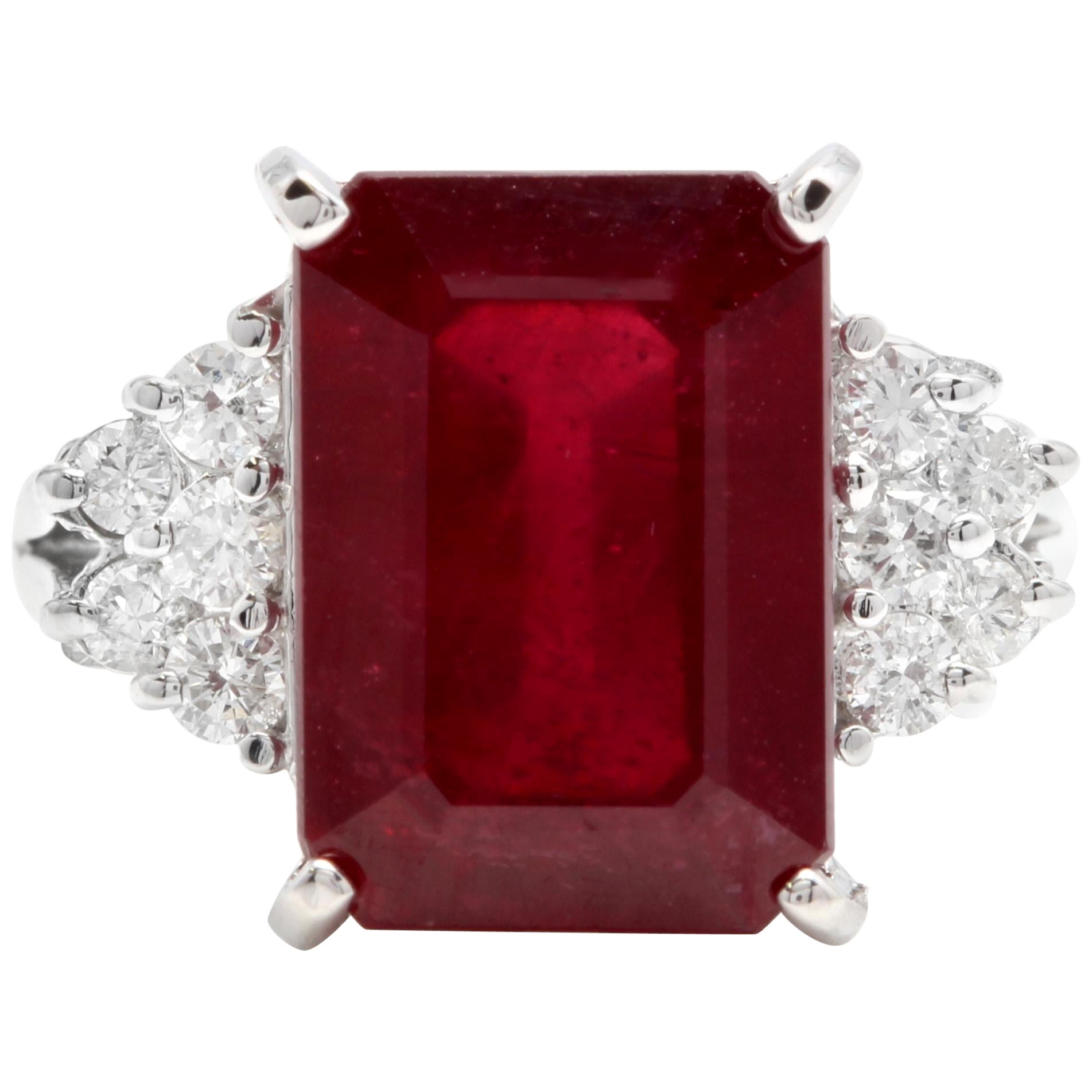 13.60 Carat Impressive Natural Red Ruby and Diamond 14 Karat White Gold Ring For Sale