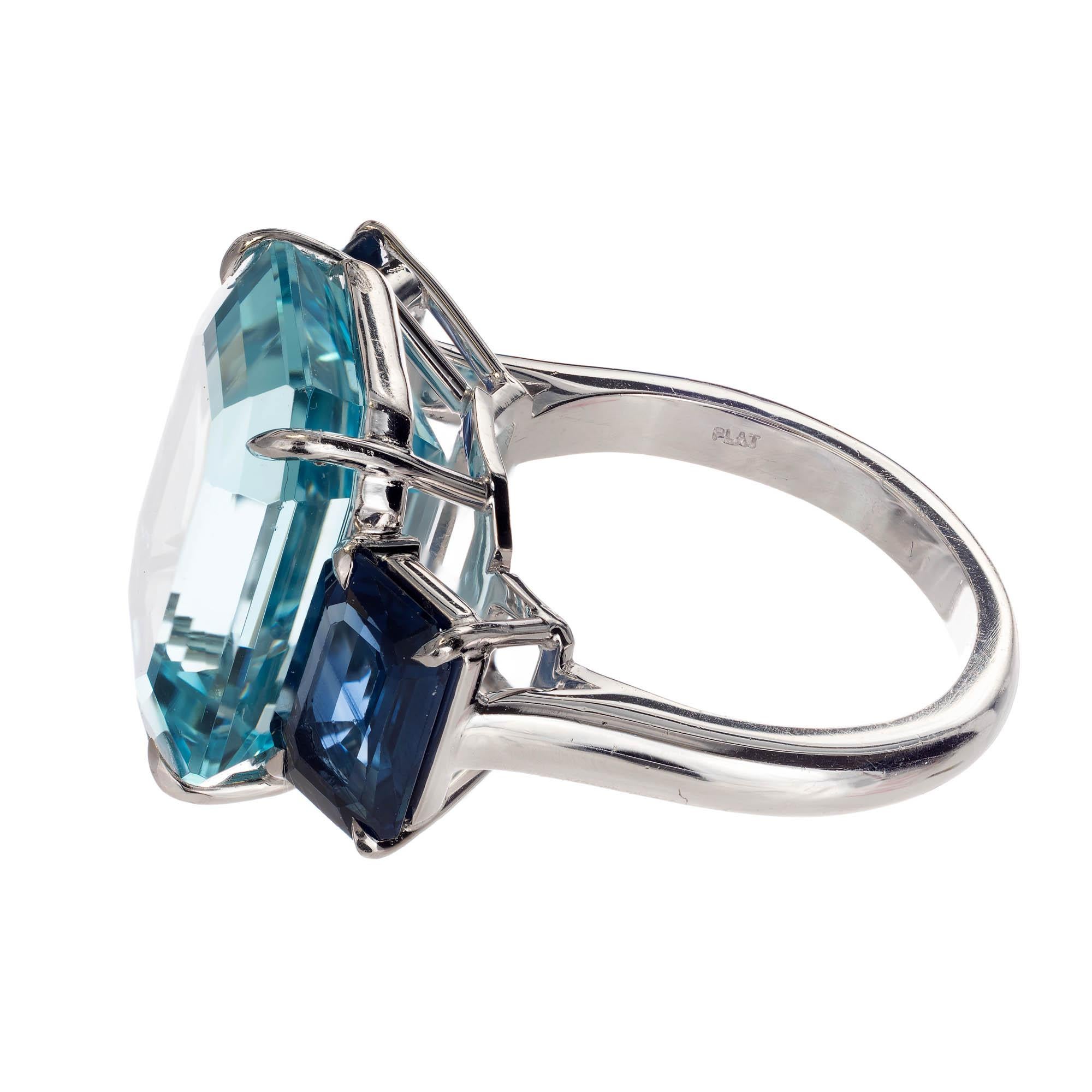 Emerald Cut 13.60 Carat Natural Aquamarine Sapphire Platinum Three-Stone Cocktail Ring For Sale