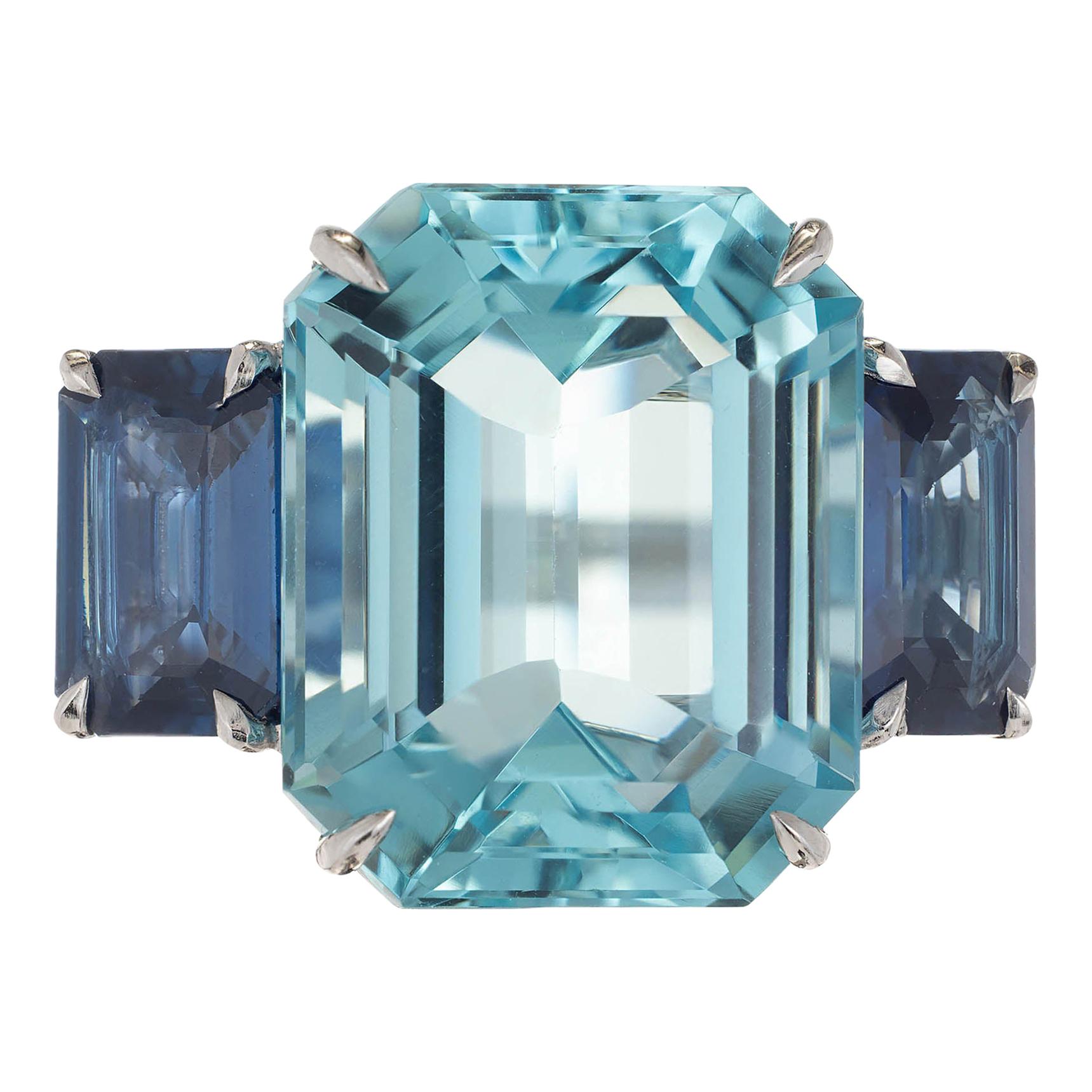 13.60 Carat Natural Aquamarine Sapphire Platinum Three-Stone Cocktail Ring For Sale