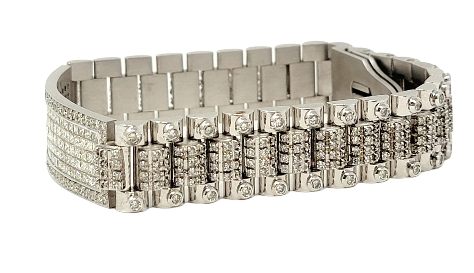 Contemporary 13.60 Carats Mens Round and Square Diamond Watch Link Bracelet in 18 Karat Gold For Sale
