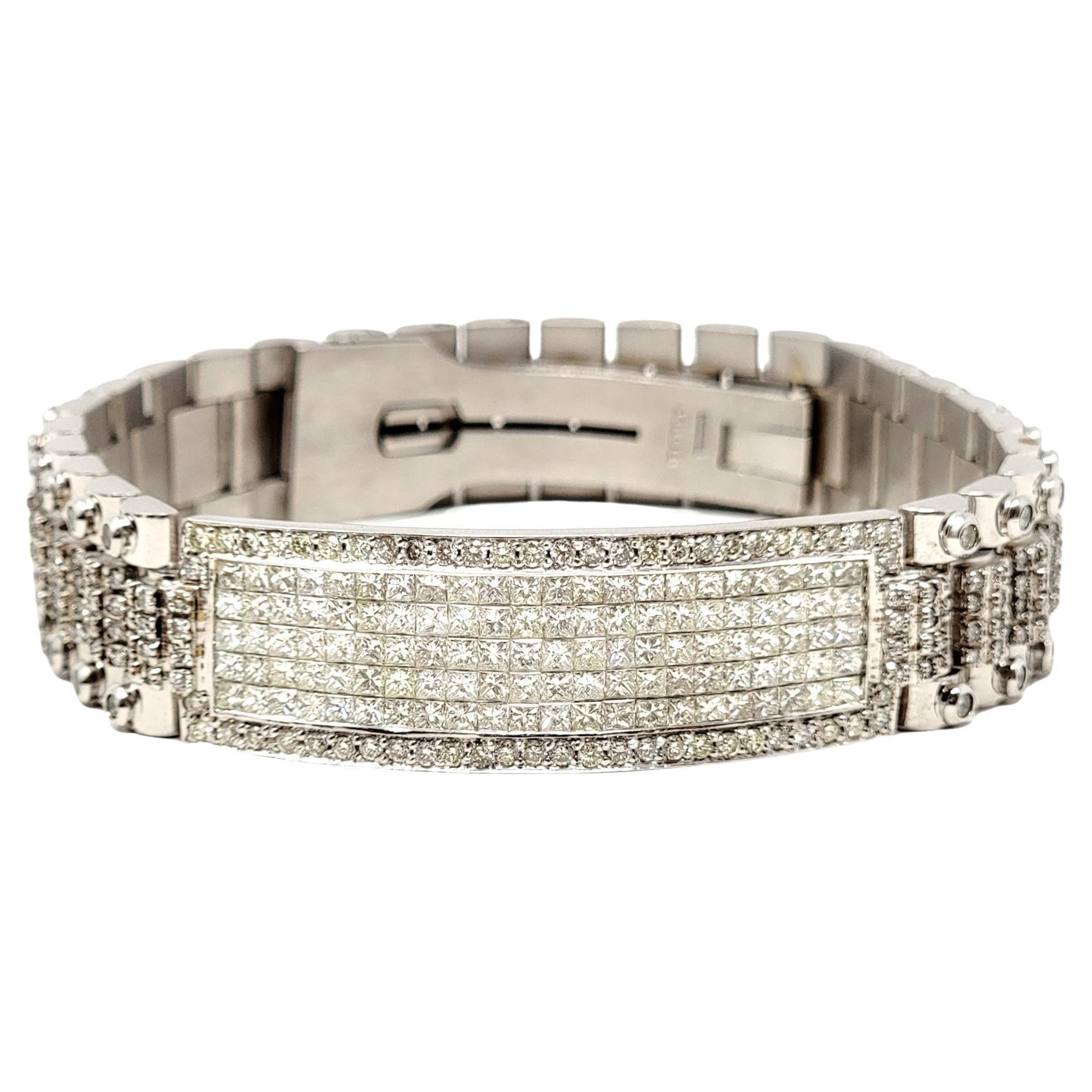13.60 Carats Mens Round and Square Diamond Watch Link Bracelet in 18 Karat Gold For Sale