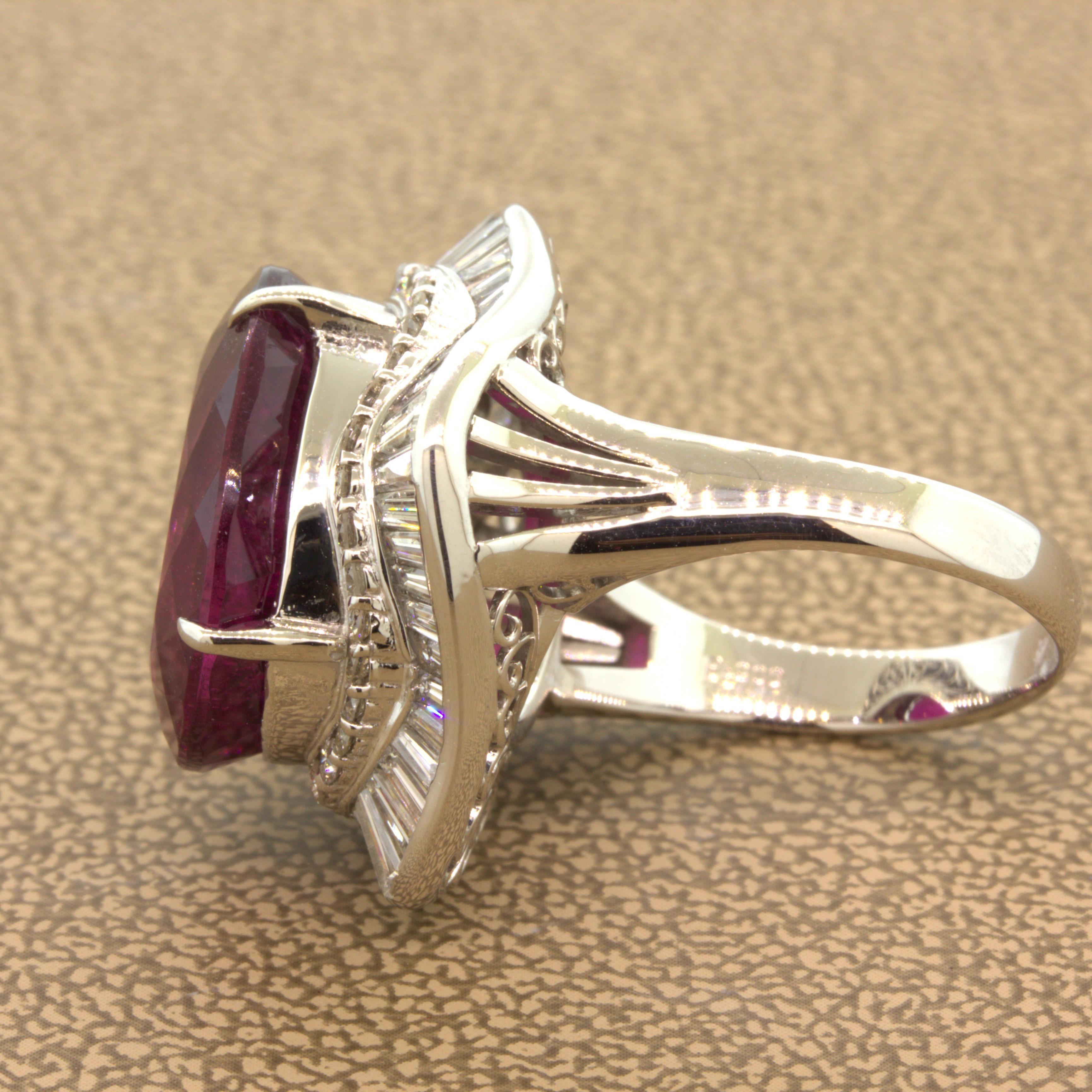 Women's 13.61 Carat Rubellite Tourmaline Diamond Platinum Ballerina Ring For Sale