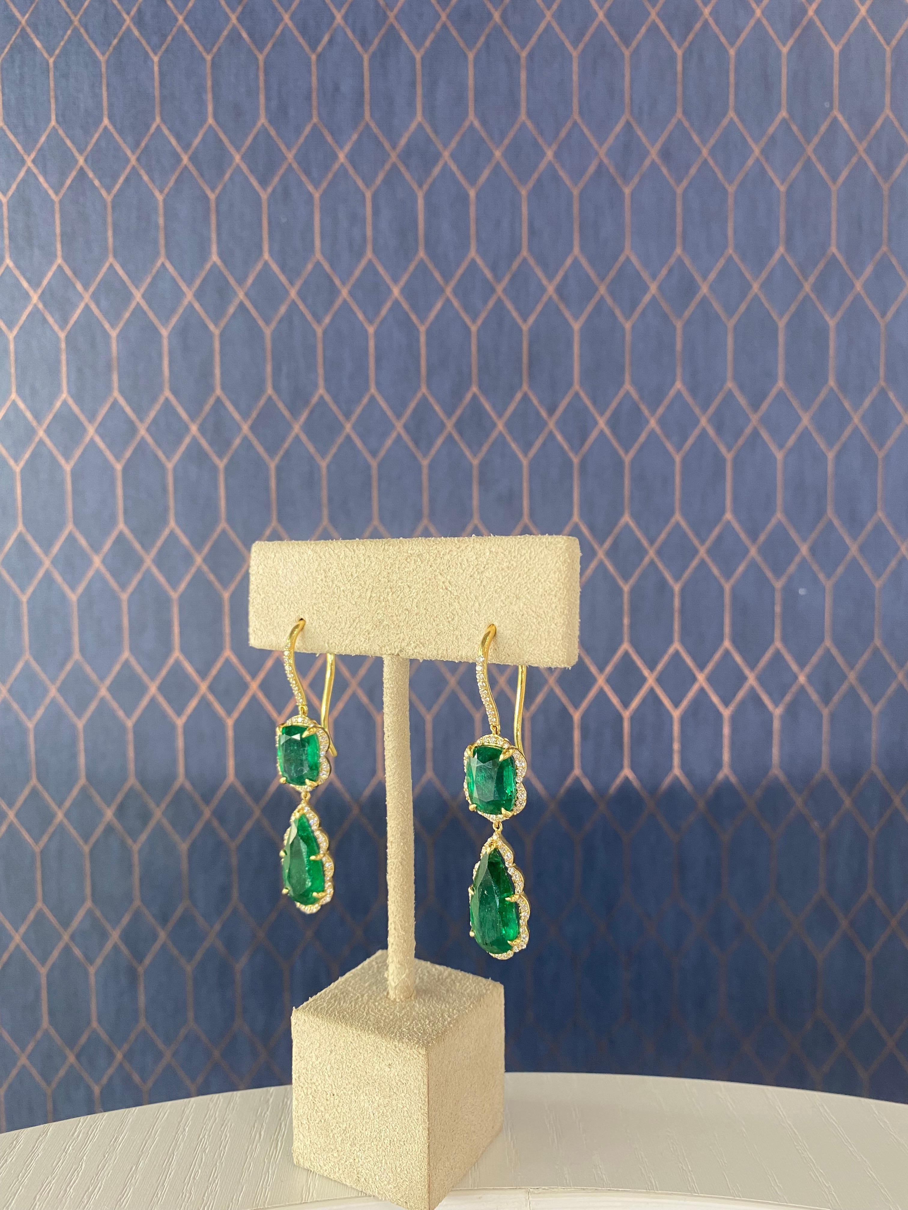 Round Cut 13.61ctw Zambian Emerald & 1.21ctw Round Diamonds 18kt Yellow Gold Earrings