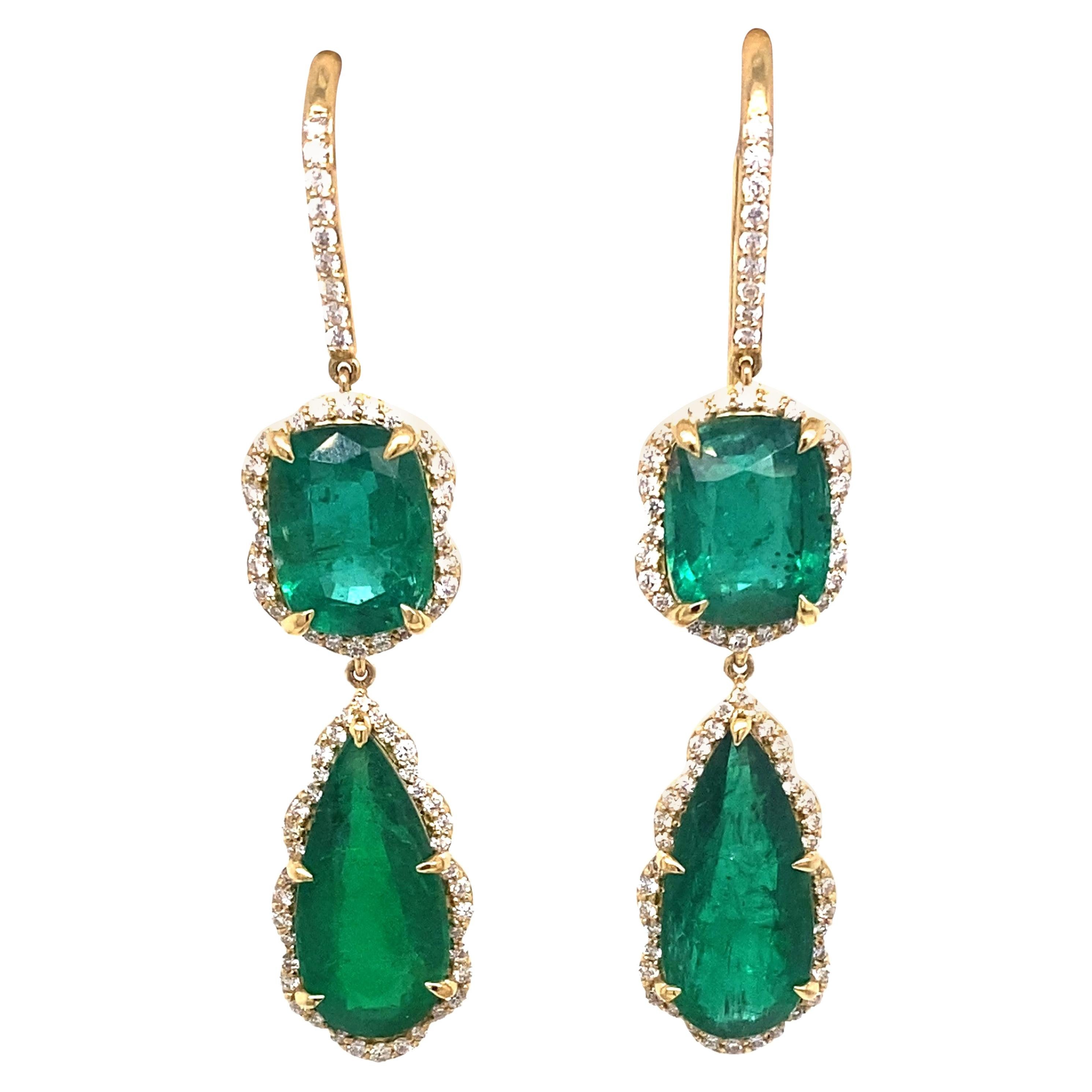13.61ctw Zambian Emerald & 1.21ctw Round Diamonds 18kt Yellow Gold Earrings