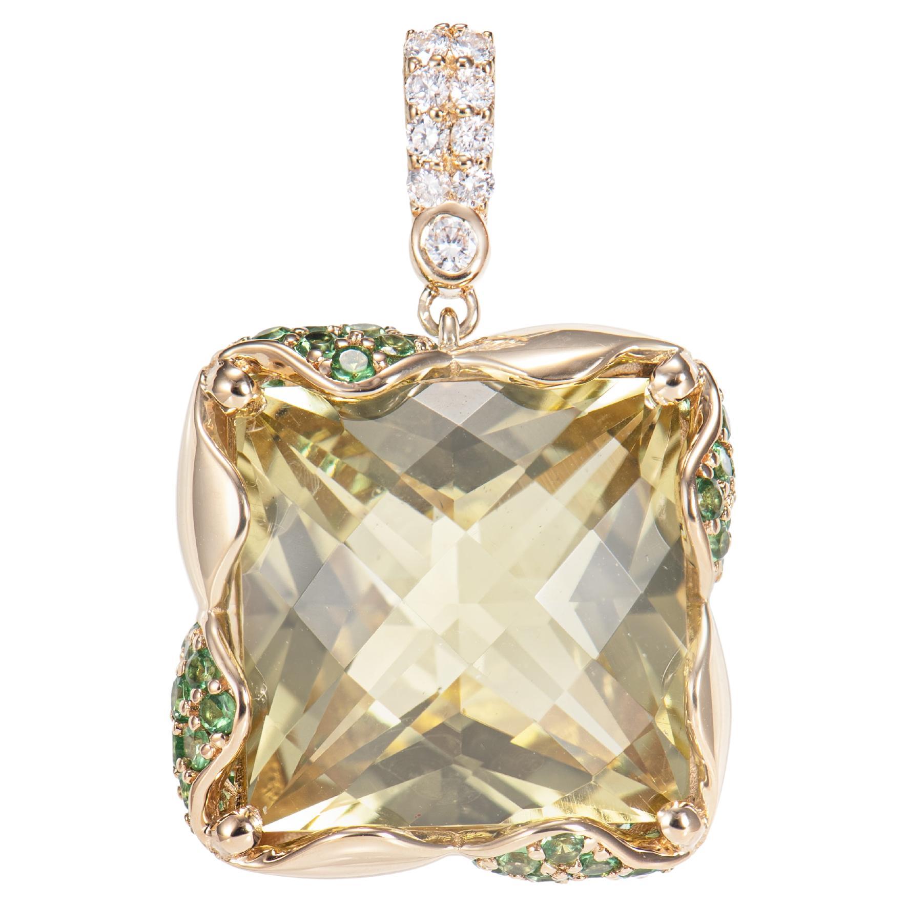 13.62 Carat Lemon Quartz Pendant in 18KYG with Tsavorite and White Diamond.