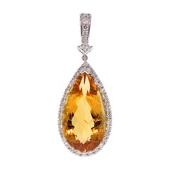 13.62 Carat Pear Shape Citrine and Diamond Pendant in 18 Karat White Gold