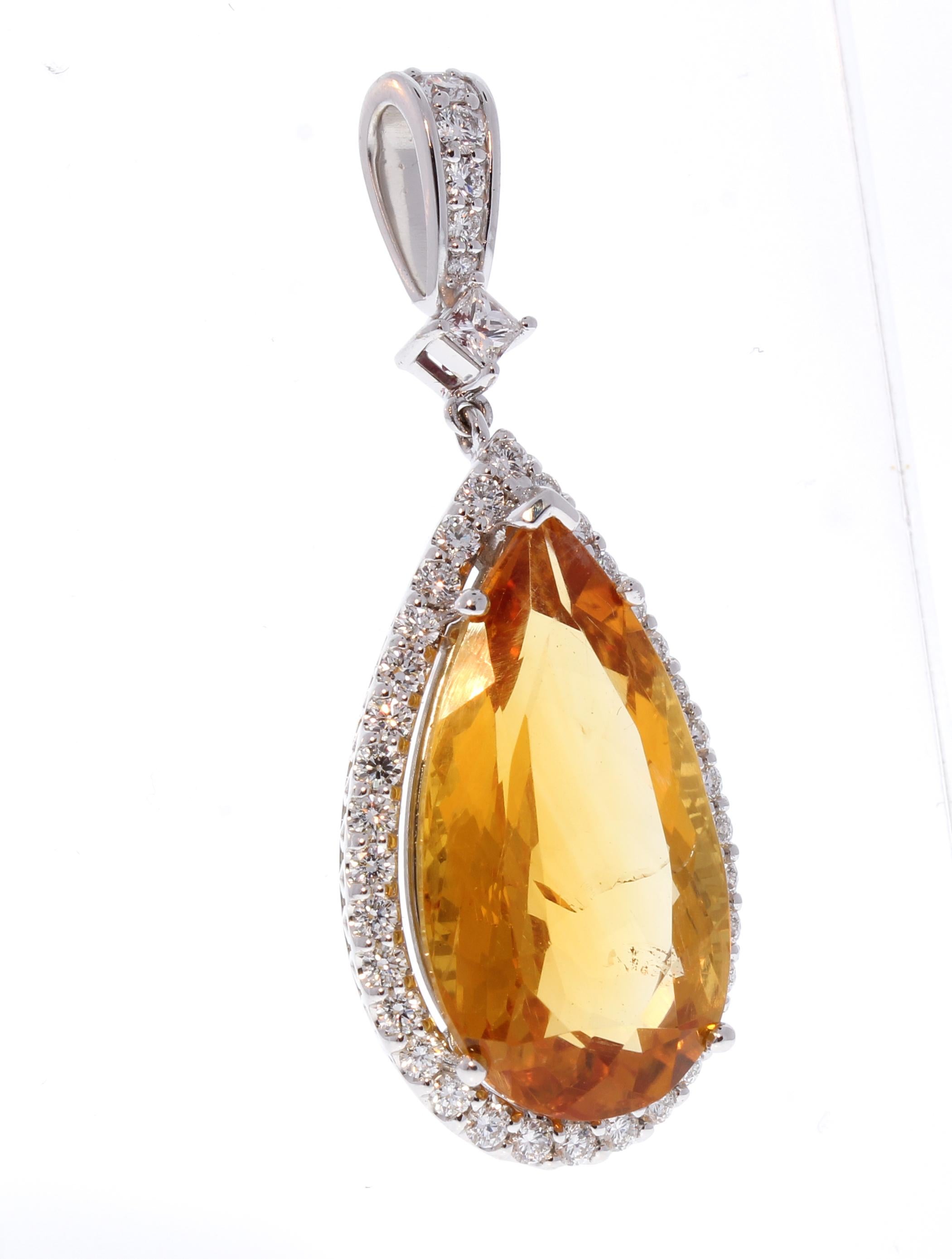 Contemporary 13.62 Carat Pear Shape Citrine and Diamond Pendant in 18 Karat White Gold