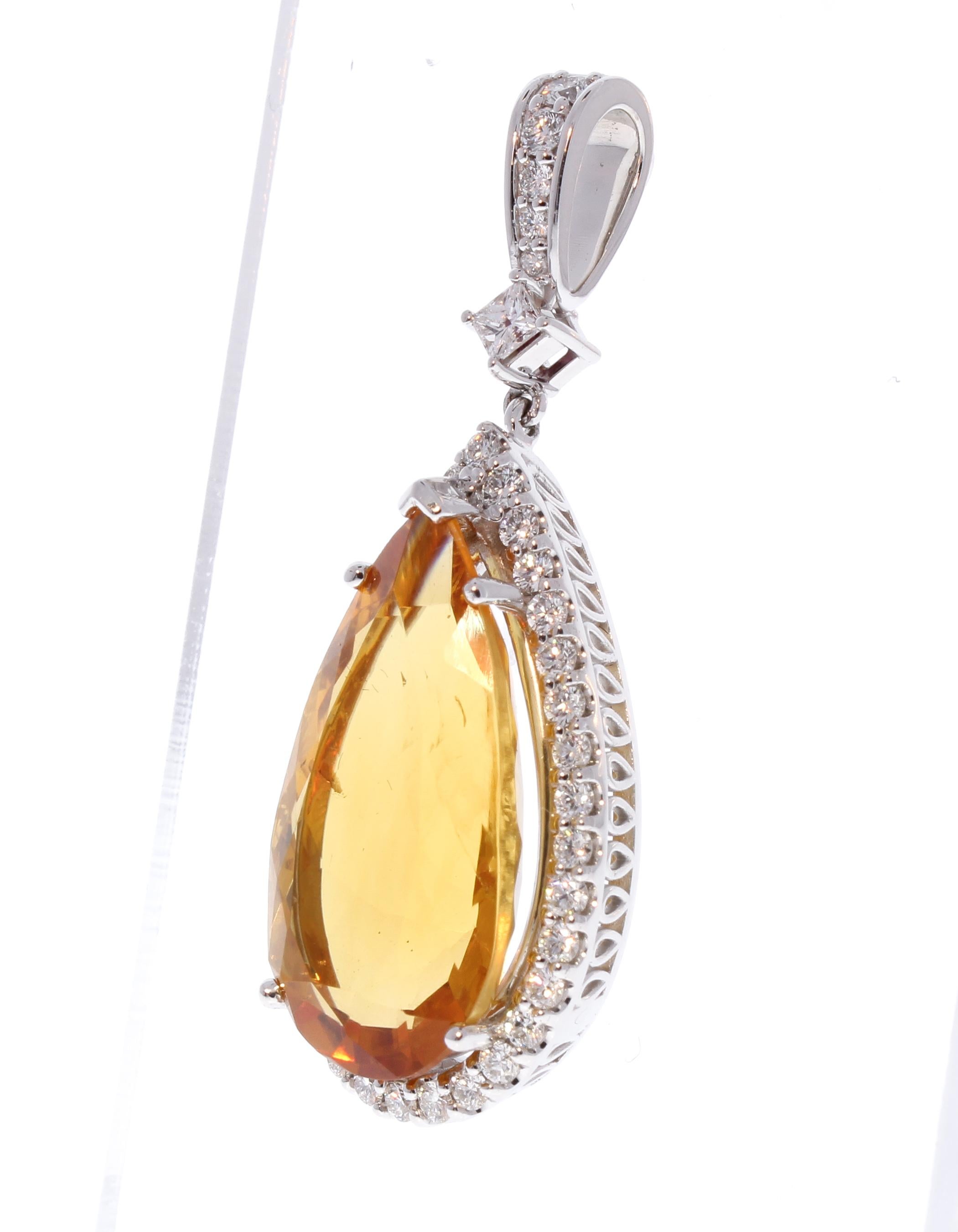 Women's 13.62 Carat Pear Shape Citrine and Diamond Pendant in 18 Karat White Gold