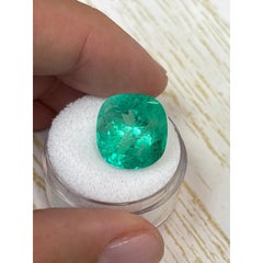 13.63 Carat Medium Green Colombian Emerald - Cushion Cut May Birthstone Gem