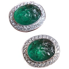 13.63 Ct Emerald Carving Stud Earring Convertible to Cufflinks, Diamond Halo