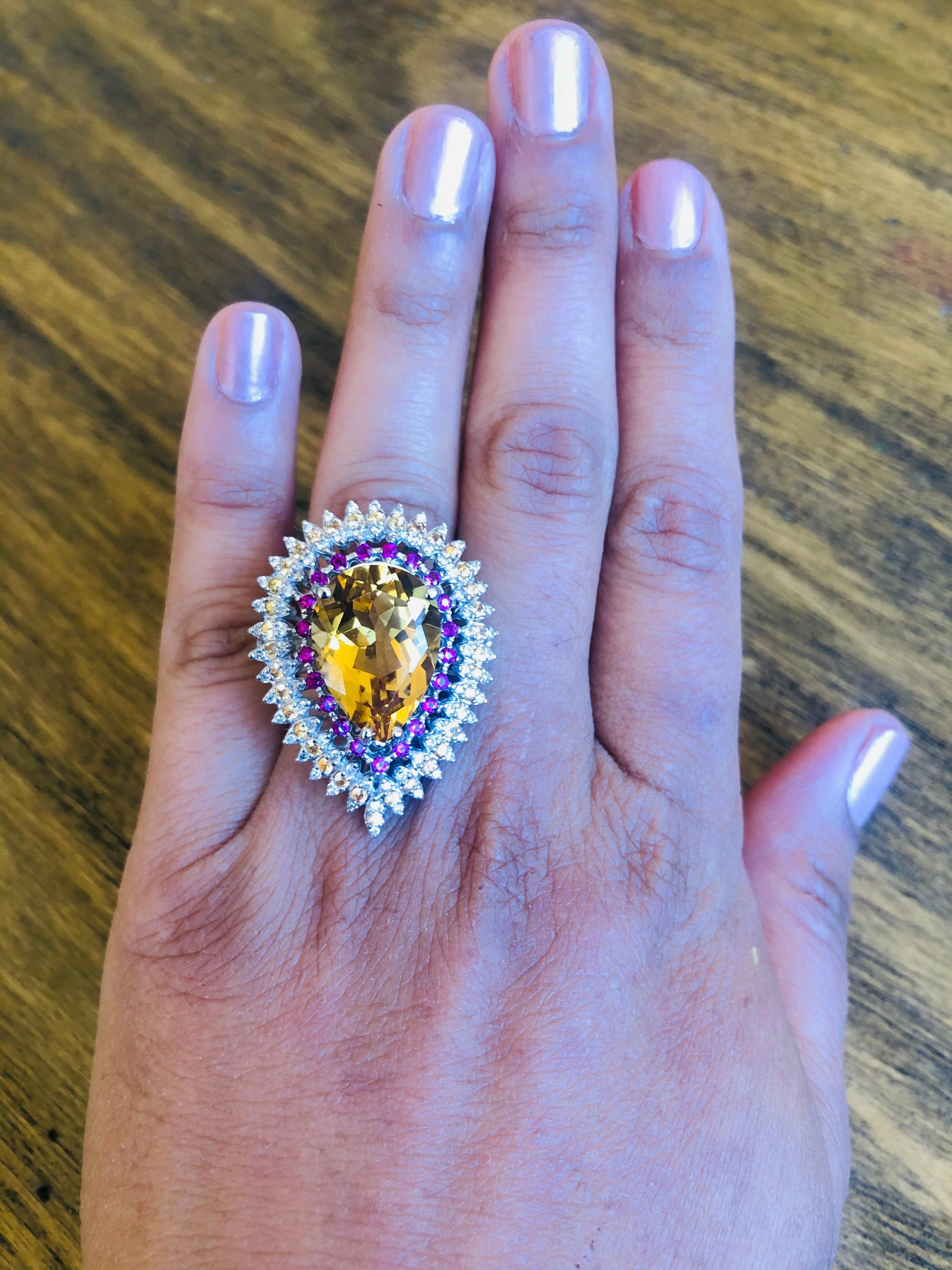 13.64 Carat Citrine Sapphire Diamond 14 Karat White Gold Cocktail Ring In New Condition For Sale In Los Angeles, CA
