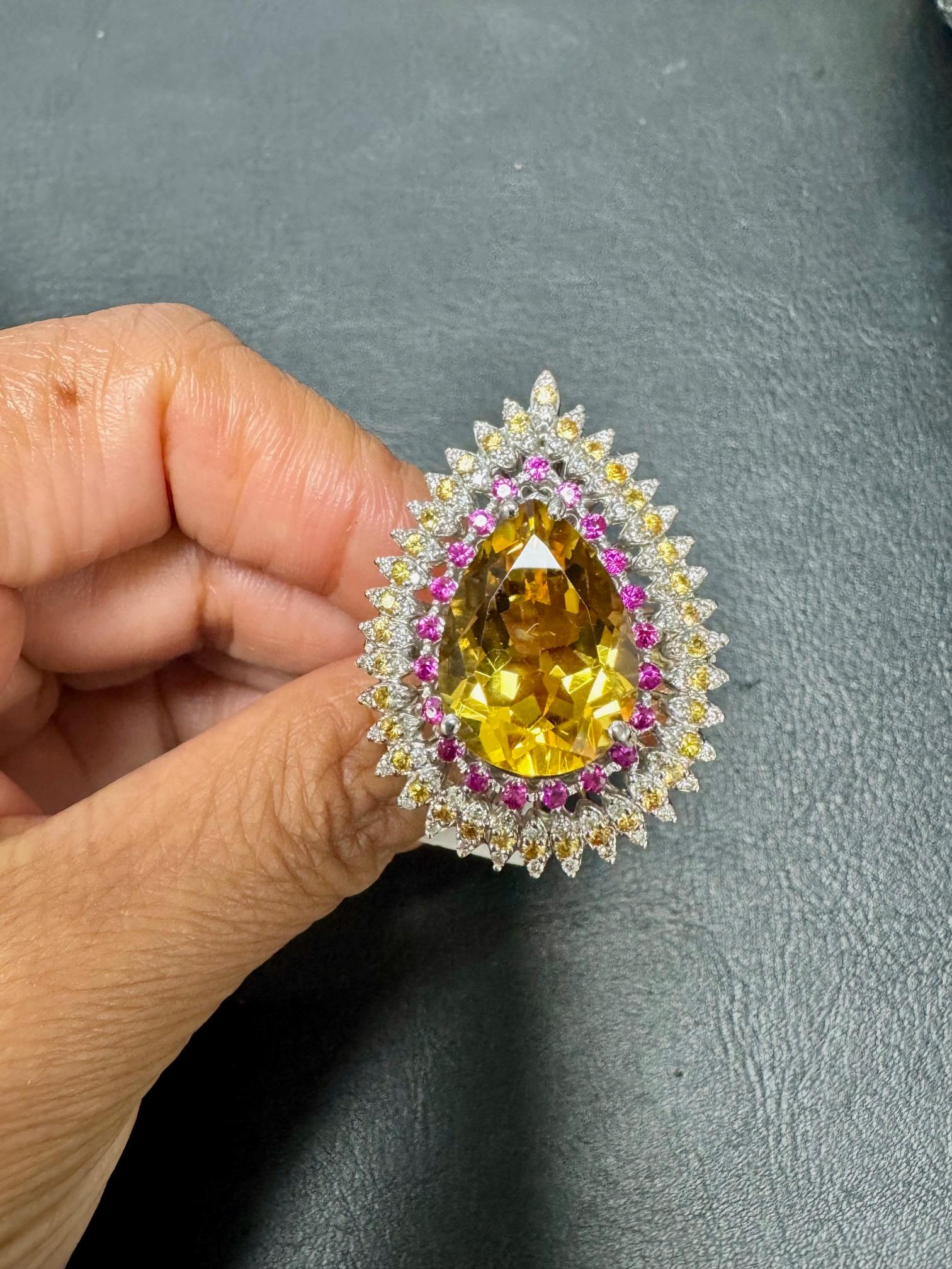 Bague cocktail en or blanc 14 carats avec saphirs, saphirs et citrine de 13,64 carats en vente 2