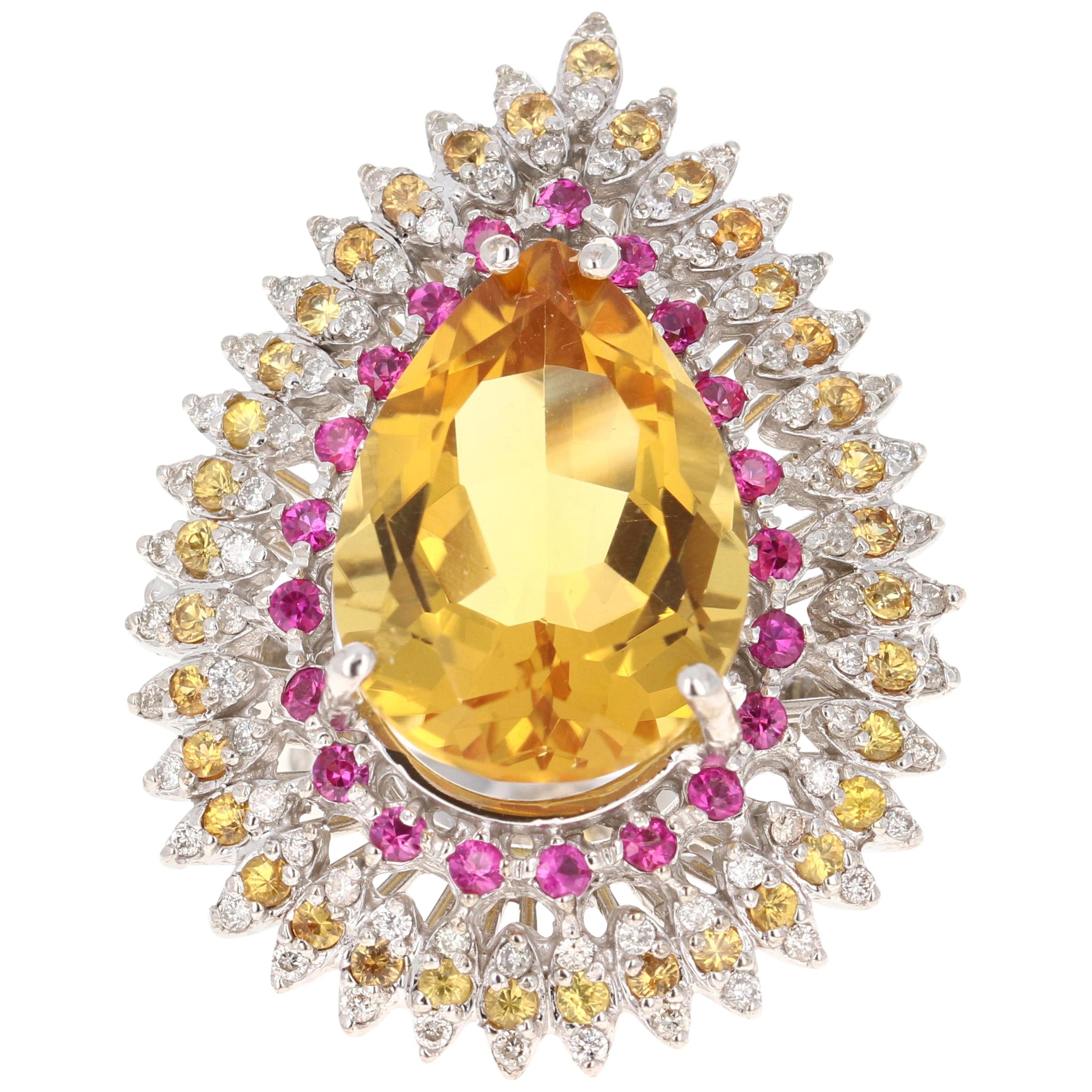 13,64 Karat Citrin Saphir Diamant 14 Karat Weißgold Cocktail-Ring