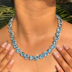 136.42CTW Blue Topaz and Zircon Halo  Statement Necklace in 925 Sterling Silver