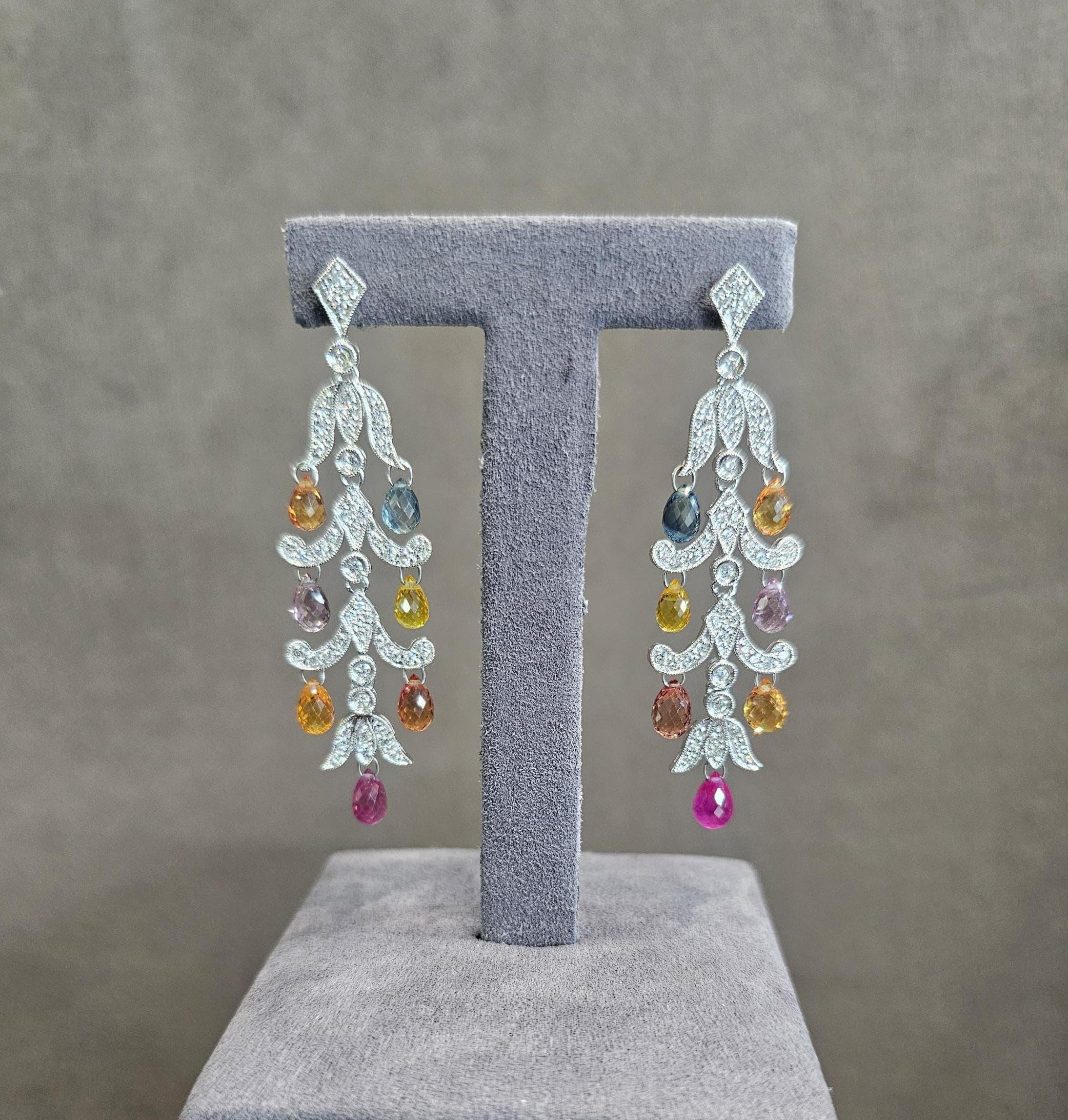 Modern 13.65 Carat Diamond and Multi Color Sapphire Briolette Dangle Earrings For Sale