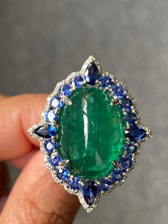 13.65 Carat Emerald Sugarloaf on and Blue Sapphire Cocktail Ring