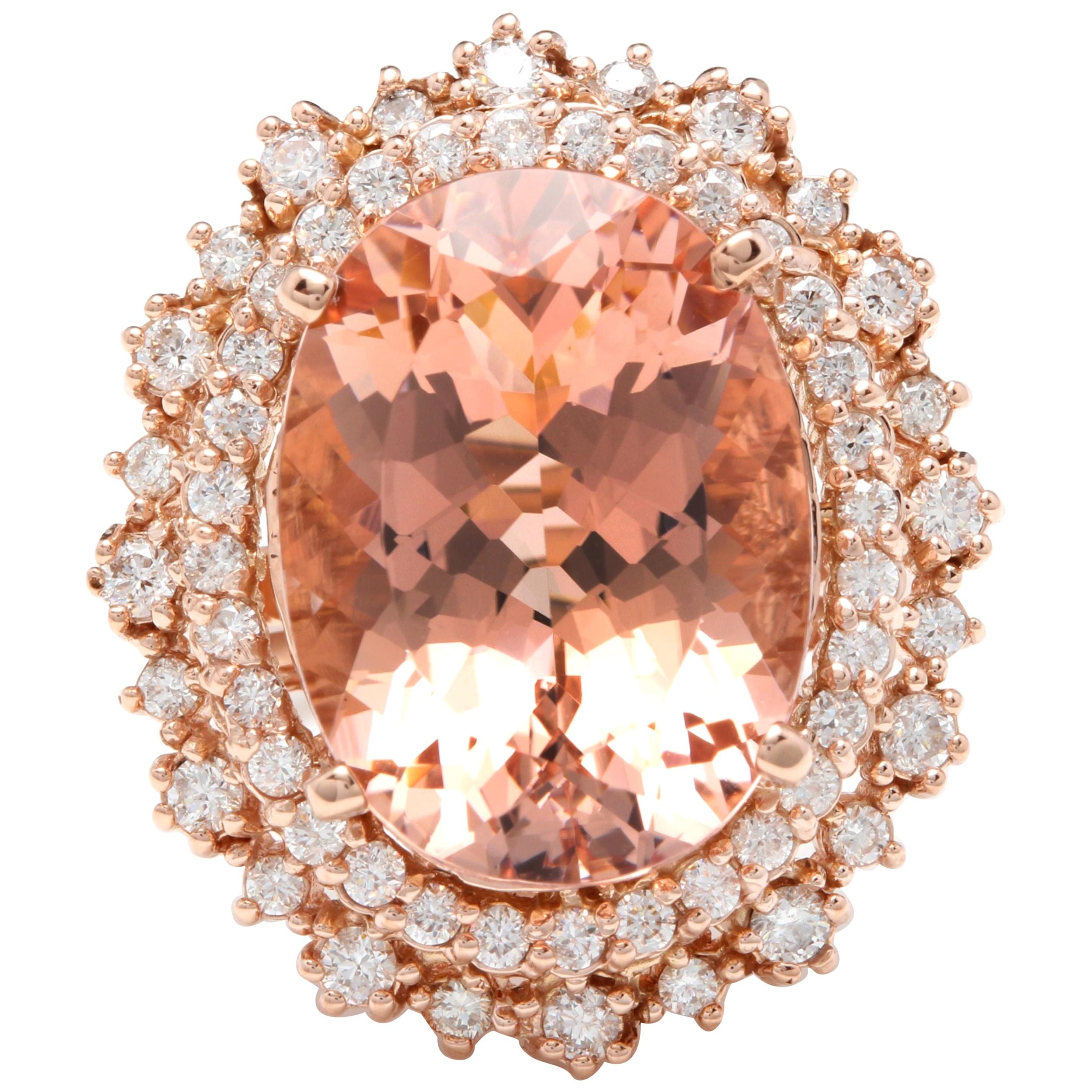 Bague en or massif 14 carats avec diamants et morganite naturelle exquise de 13,65 carats