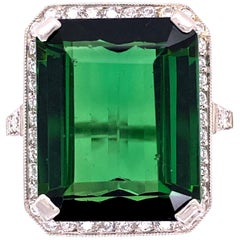 Vintage 13.65 Carat Green Tourmaline and Diamond Platinum Ring Estate Fine Jewelry